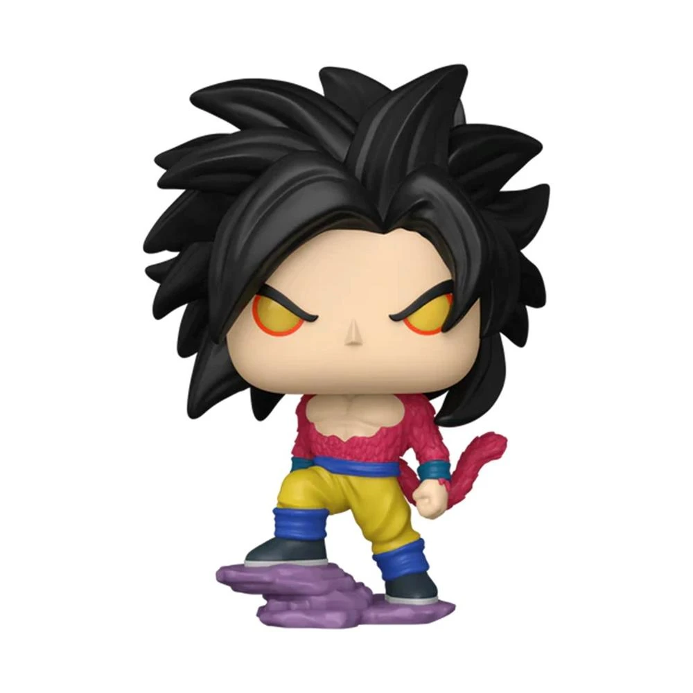 Figura Funko Pop di un personaggio di Dragon Ball. Ha capelli neri, occhi rossi e indossa un abito rosso e giallo, in piedi su una roccia viola.