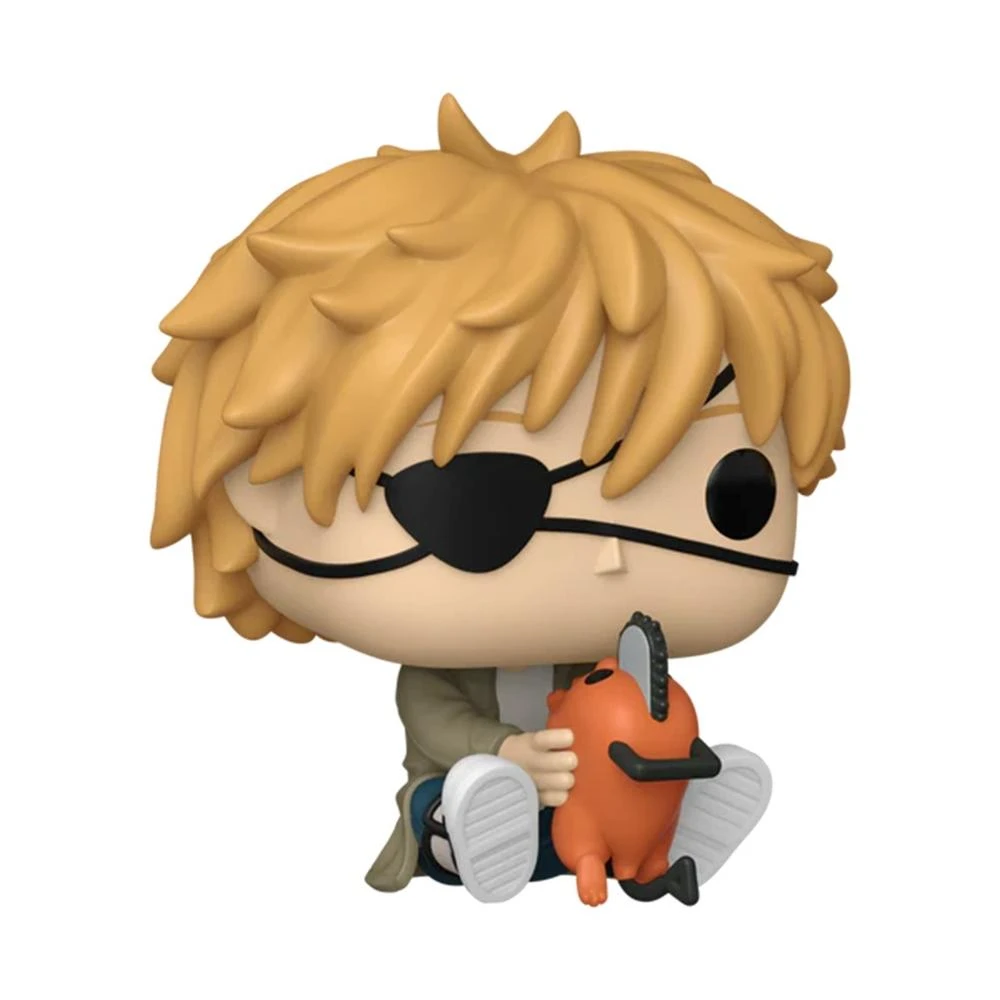 Figura Funko Pop! de un personaje con pelo rubio, un parche en el ojo, sosteniendo un perro motosierra. Fondo blanco.