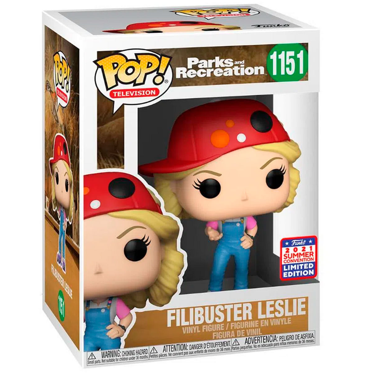 Una caja de Funko Pop con una figura de Leslie Knope de Parks and Recreation. Lleva un sombrero rojo y un peto azul.