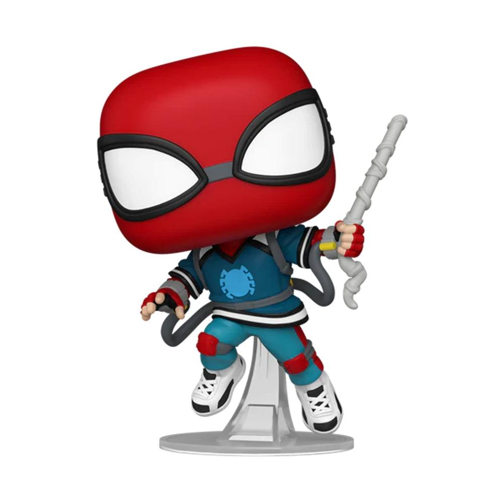 Figura Funko Pop de Spider-Man. Máscara roja con ojos blancos, traje azul y rojo. Sostiene un lanzador de telarañas. Zapatillas blancas.