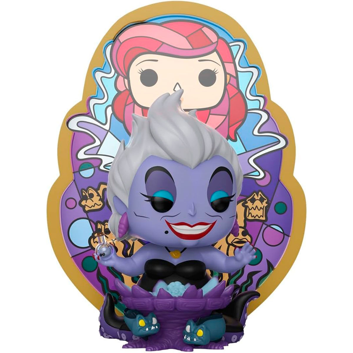 Figura Pop de Ursula. Piel morada, cabello blanco, vestido negro, sosteniendo un orbe. Ariel de fondo. Marco morado y dorado.