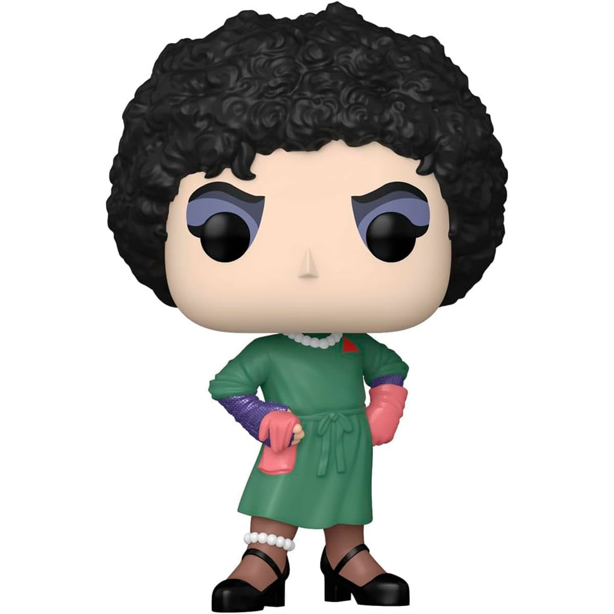 Una figura de Funko Pop de una mujer con cabello negro rizado. Lleva un vestido verde, guantes rosas y zapatos negros. Su rostro es pálido.