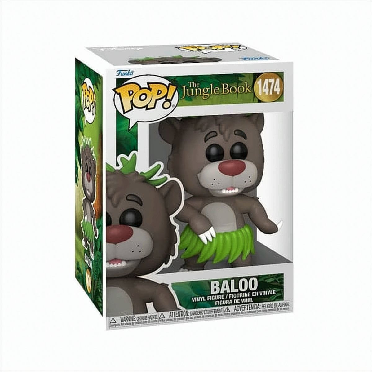 Una statuetta di Baloo Funko Pop dal Libro della Giungla. È in una scatola. Baloo è marrone con una gonna di erba verde.