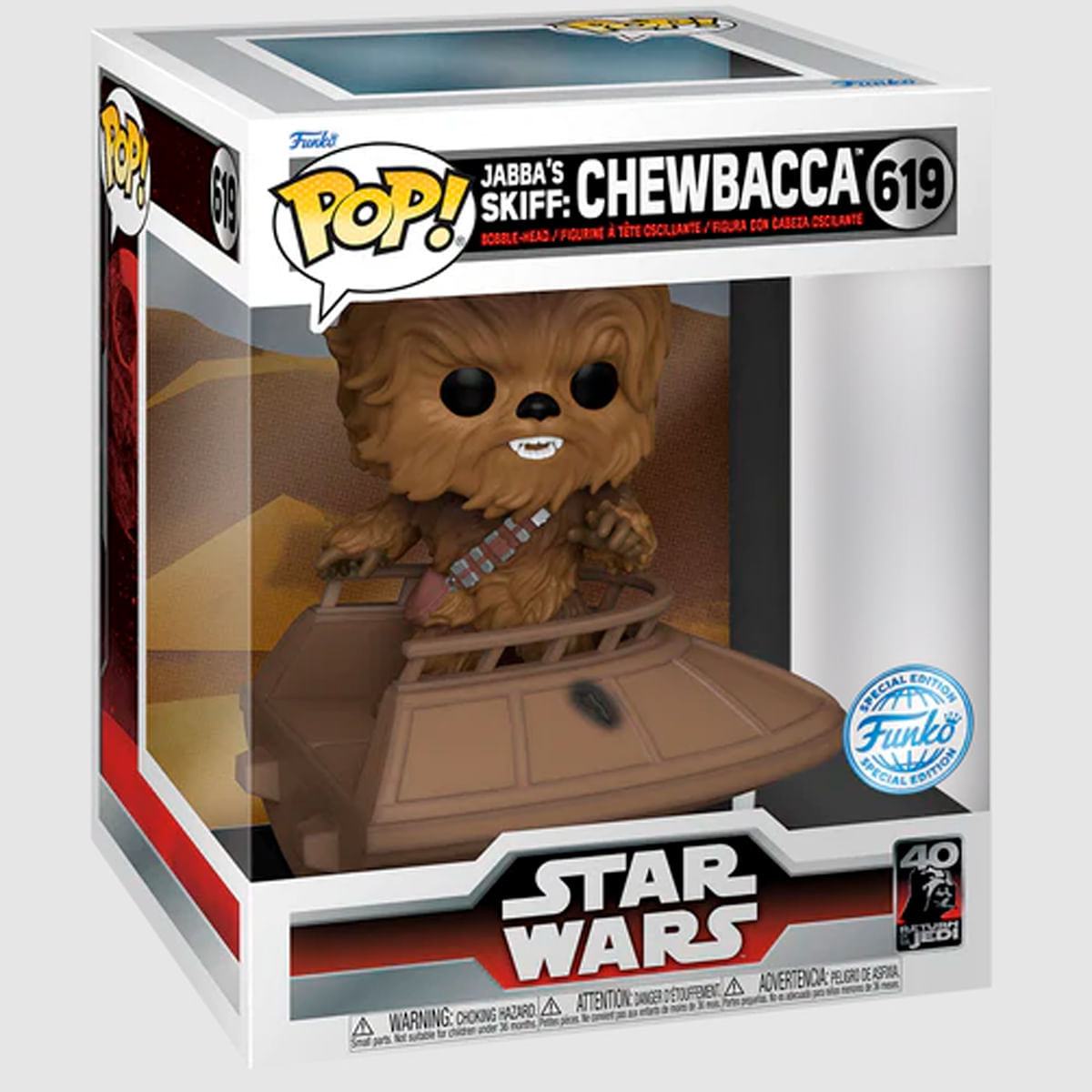 Figura Funko Pop de Chewbacca en un skiff marrón, dentro de una caja con el logo de 'Star Wars' y la marca Funko.