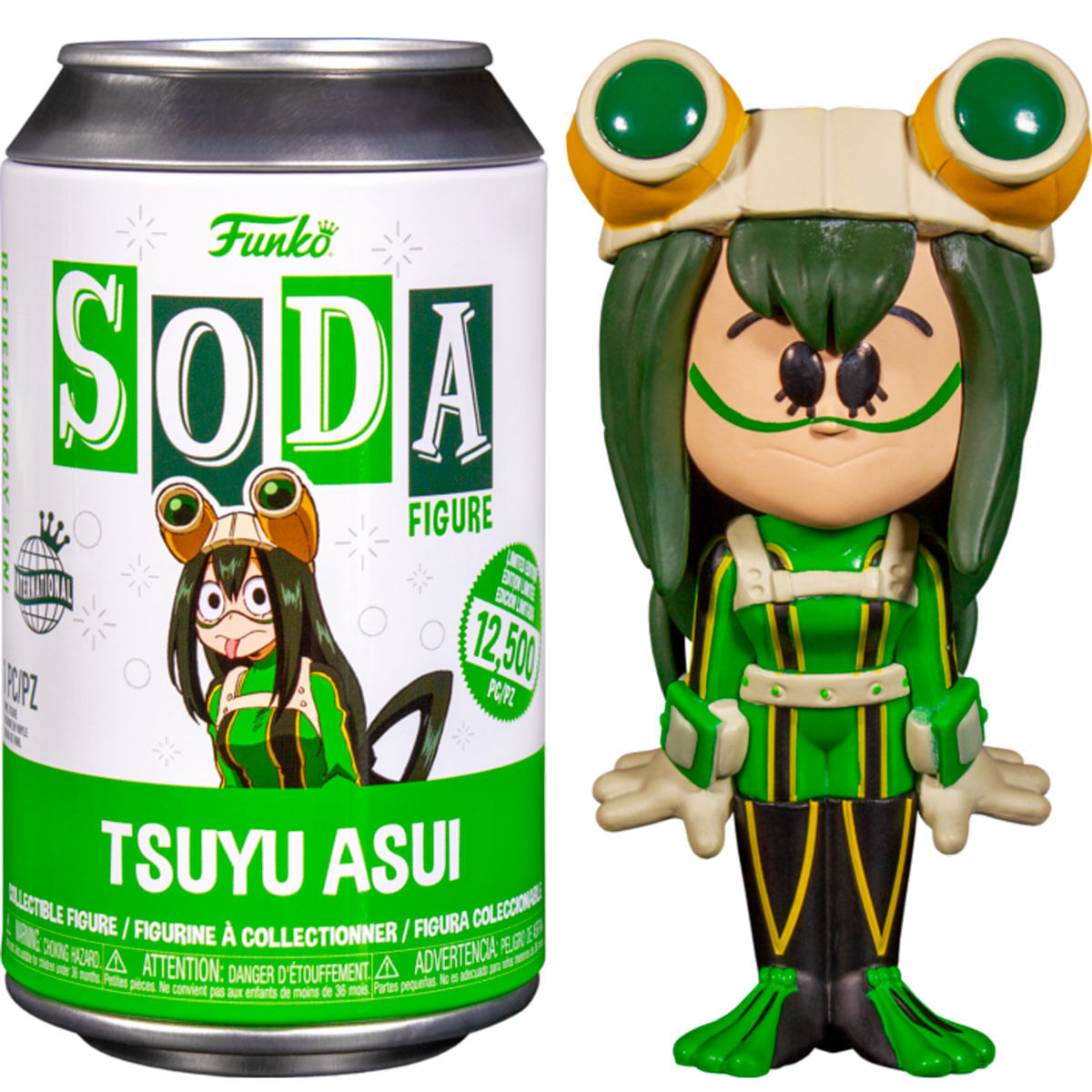 Una figura de Funko Soda de Tsuyu Asui y una lata de refresco. La figura es verde y negra. La lata es blanca, verde y plateada.