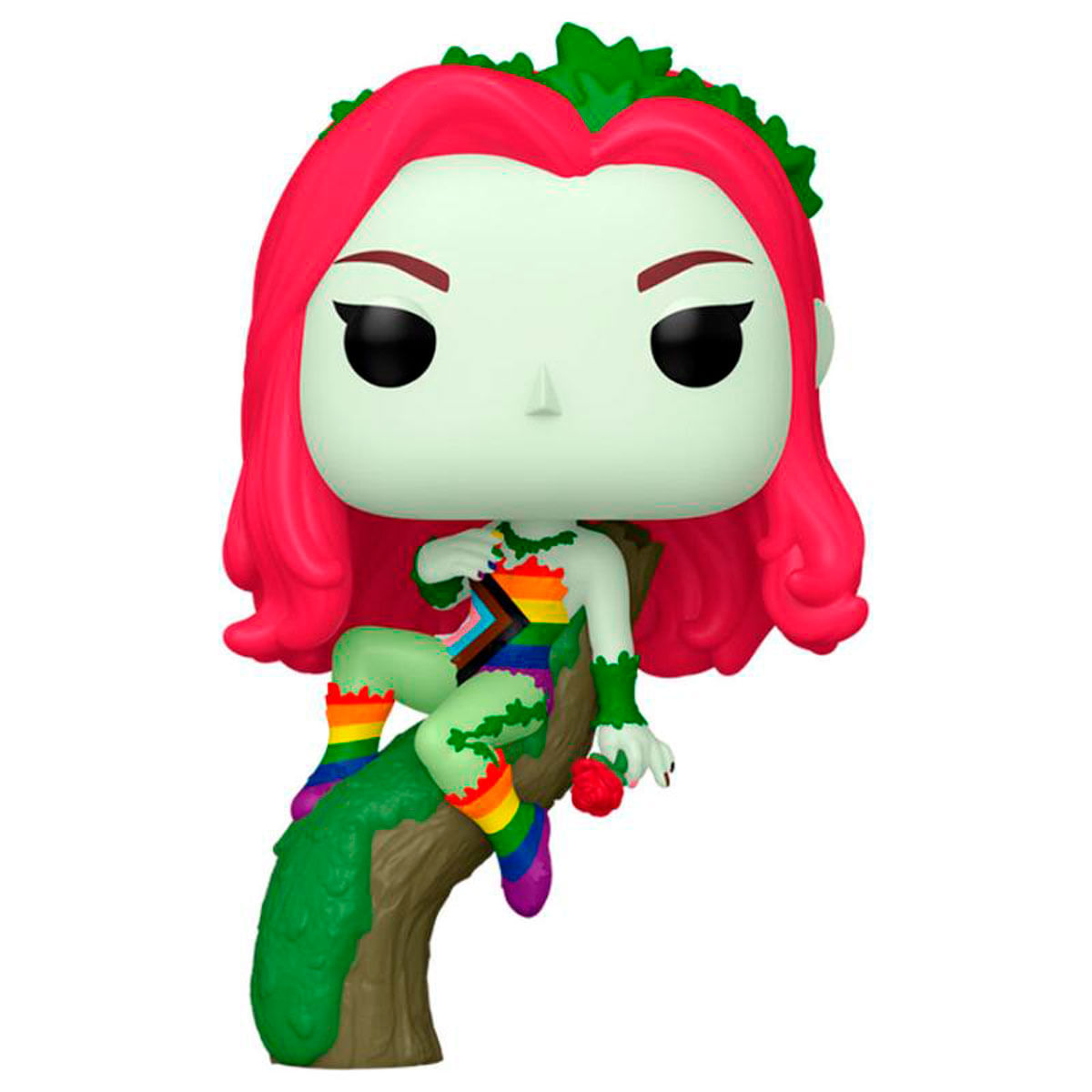 Una figura Funko Pop de Hiedra Venenosa. Tiene pelo rojo, piel verde y está sentada en una rama de árbol. Lleva calcetines a rayas arcoíris.