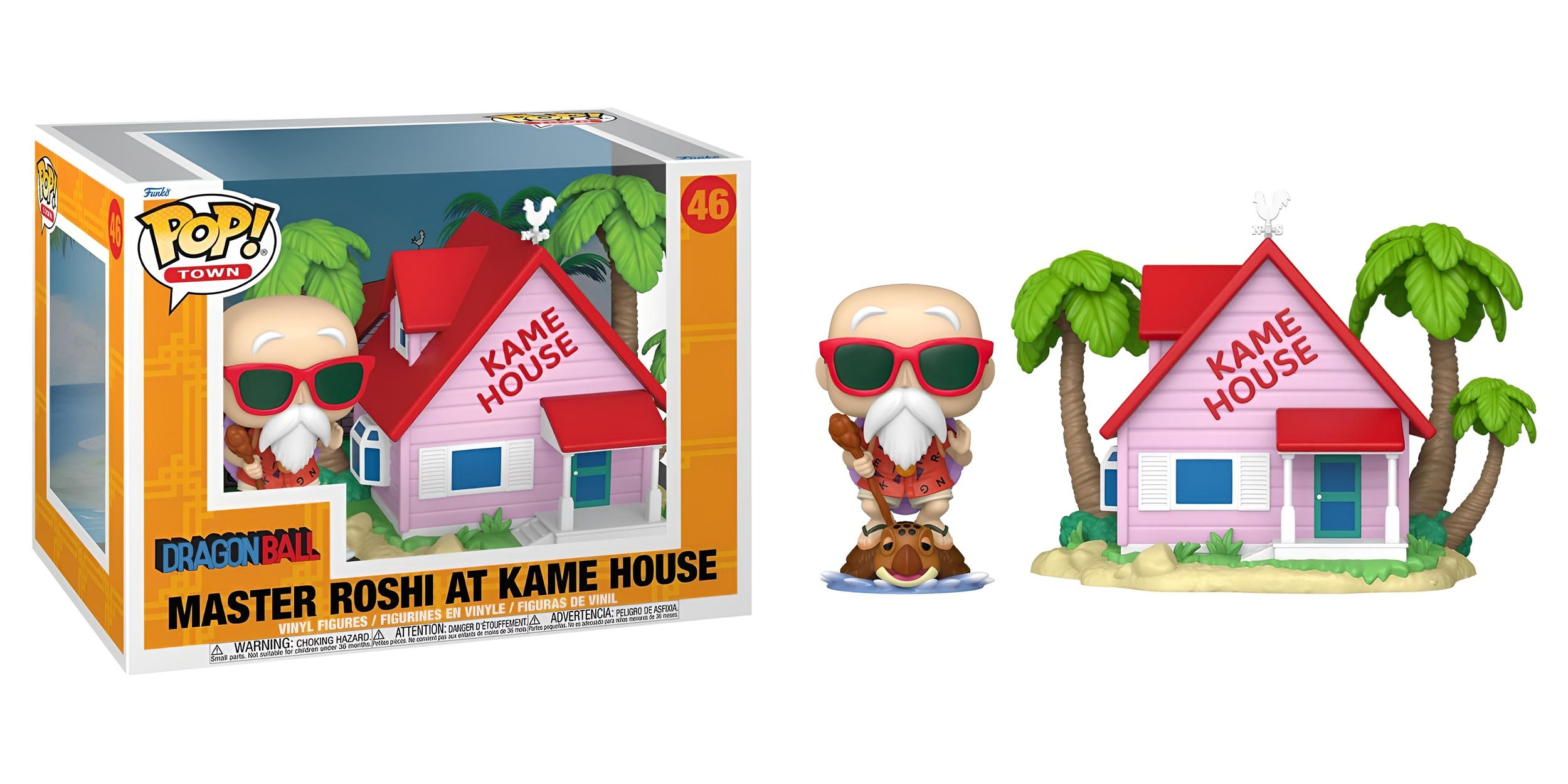 Una figura Funko Pop di Master Roshi a Kame House di Dragon Ball. Include una casa rosa, palme e la figura.