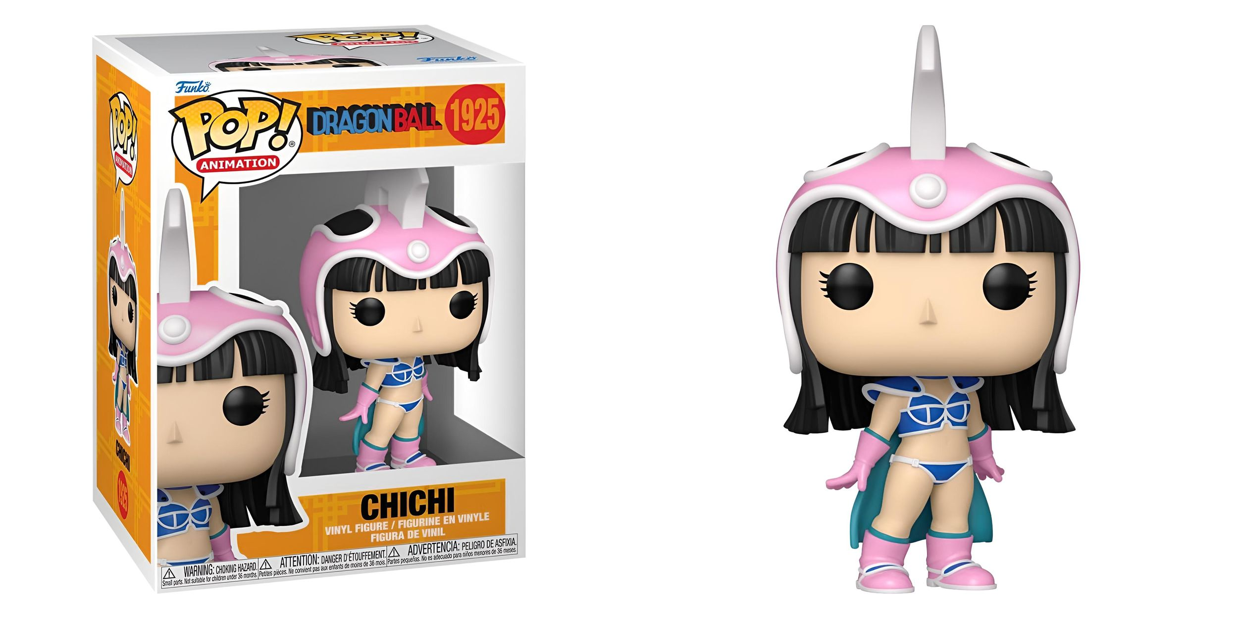 Figurka Funko Pop Chichi. Nosi różowy hełm, niebieskie bikini i różowe buty. Na pudełku napis Dragon Ball.