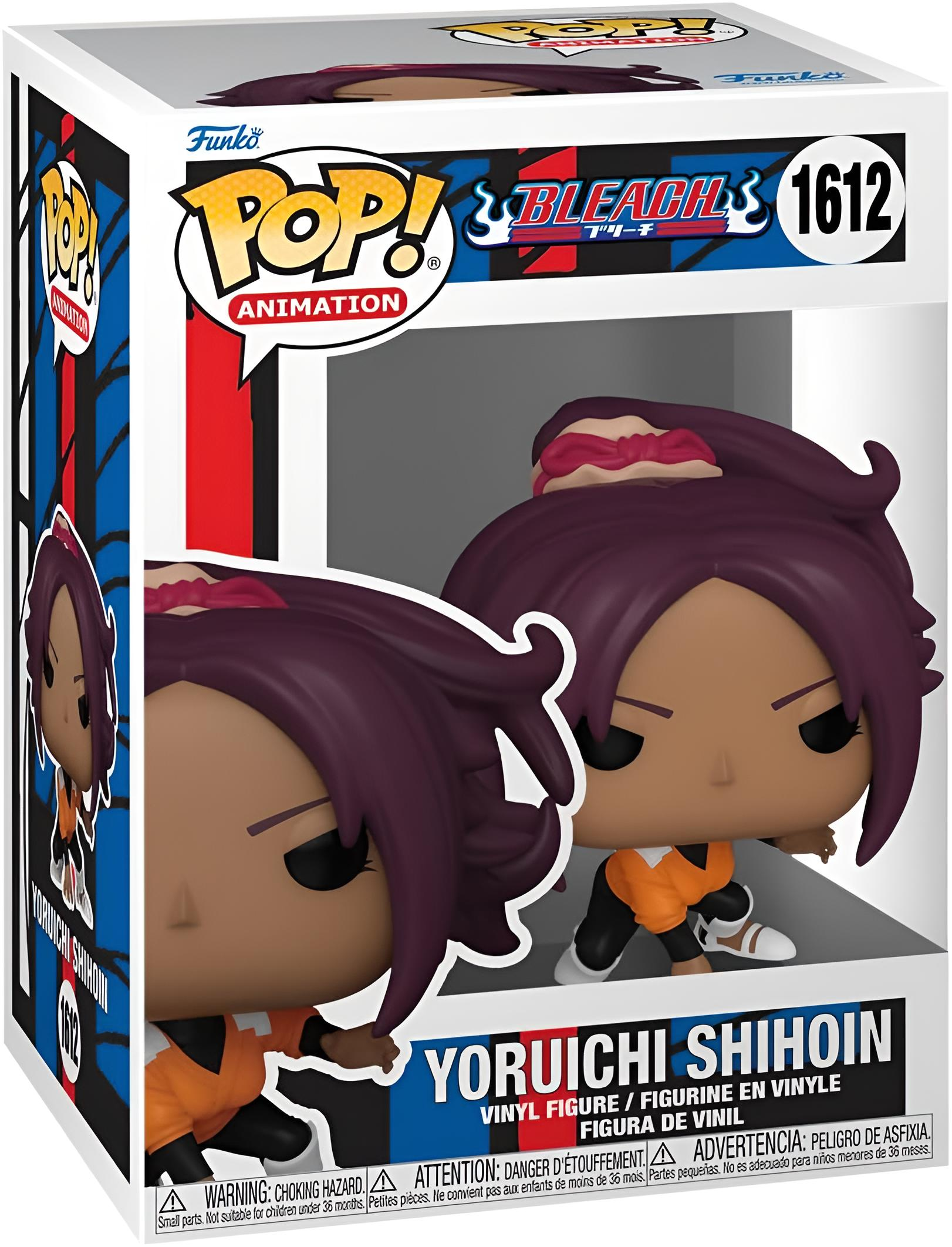 Una scatola Funko Pop con una figura di Yoruichi Shihouin di Bleach. La figura ha i capelli viola e indossa un completo arancione e nero.