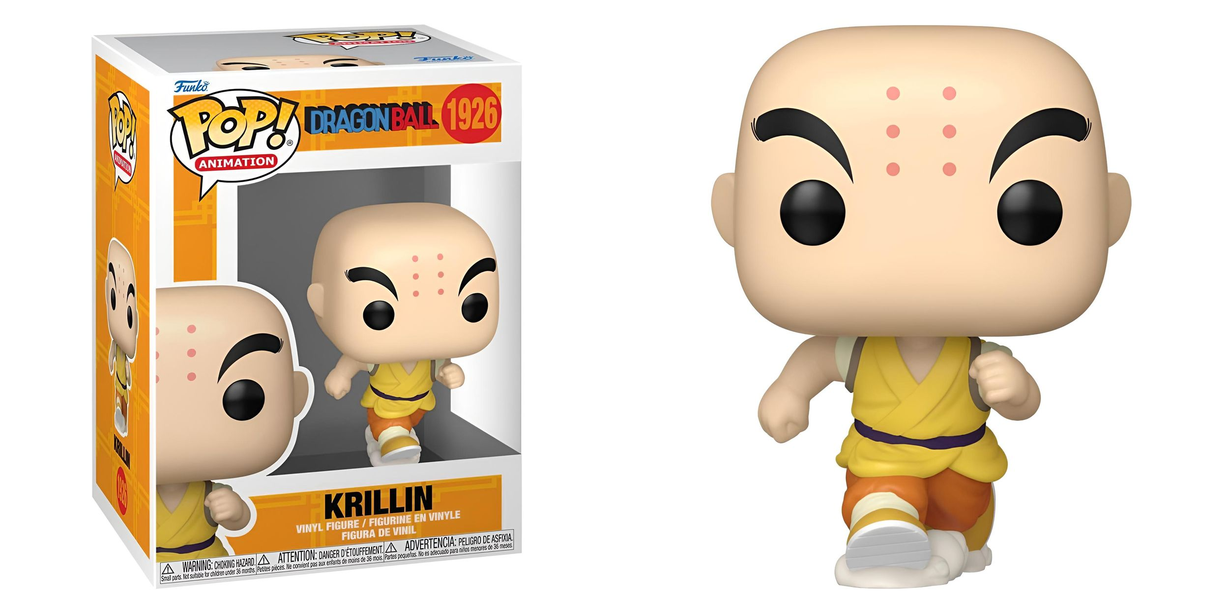 Figurka Krillin Funko Pop z Dragon Ball. Przedstawia postać w pomarańczowo-żółtym stroju, z czarnymi oczami.