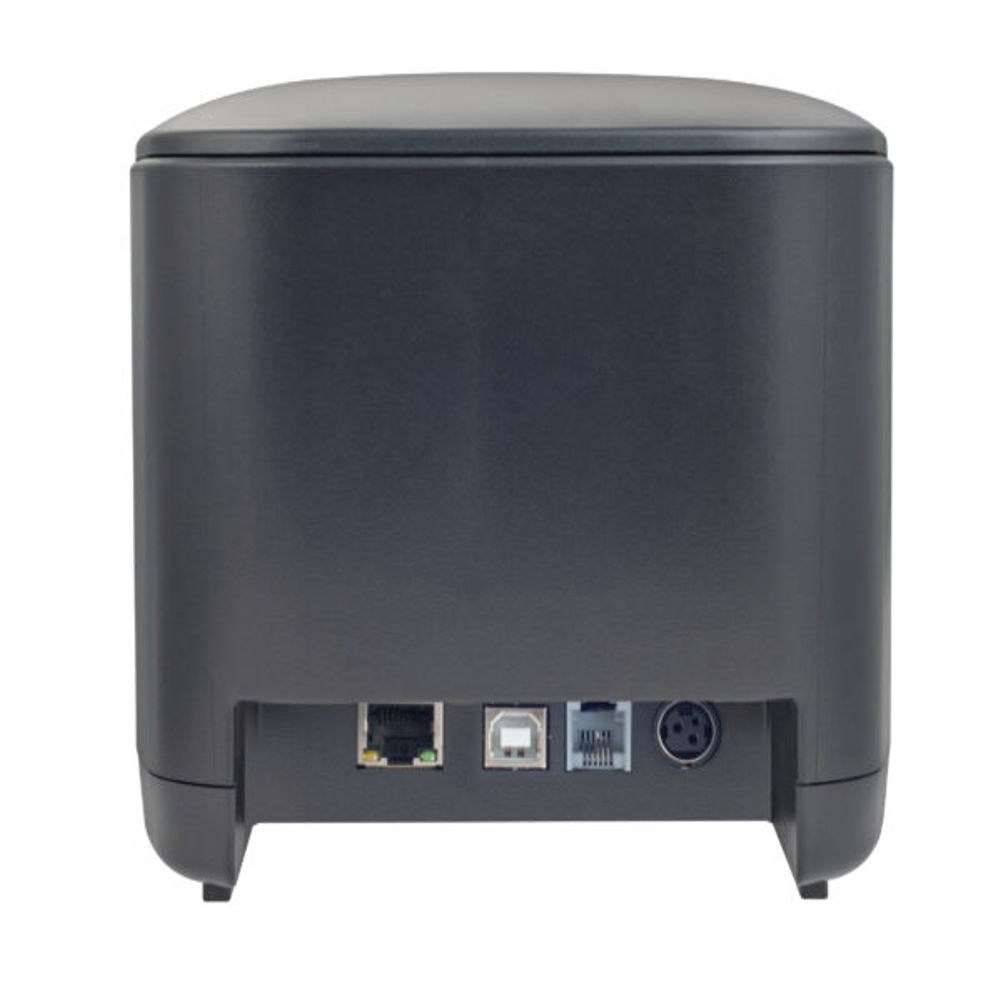 Un dispositivo rectangular gris oscuro con la parte superior redondeada. Tiene varios puertos en la parte inferior, incluyendo Ethernet, USB y audio.