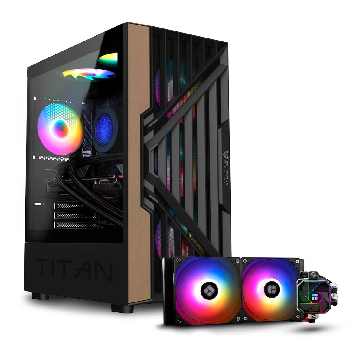 Una caja de computadora con un lado de vidrio, un enfriador líquido con dos ventiladores y un radiador pequeño, y un enfriador de CPU.