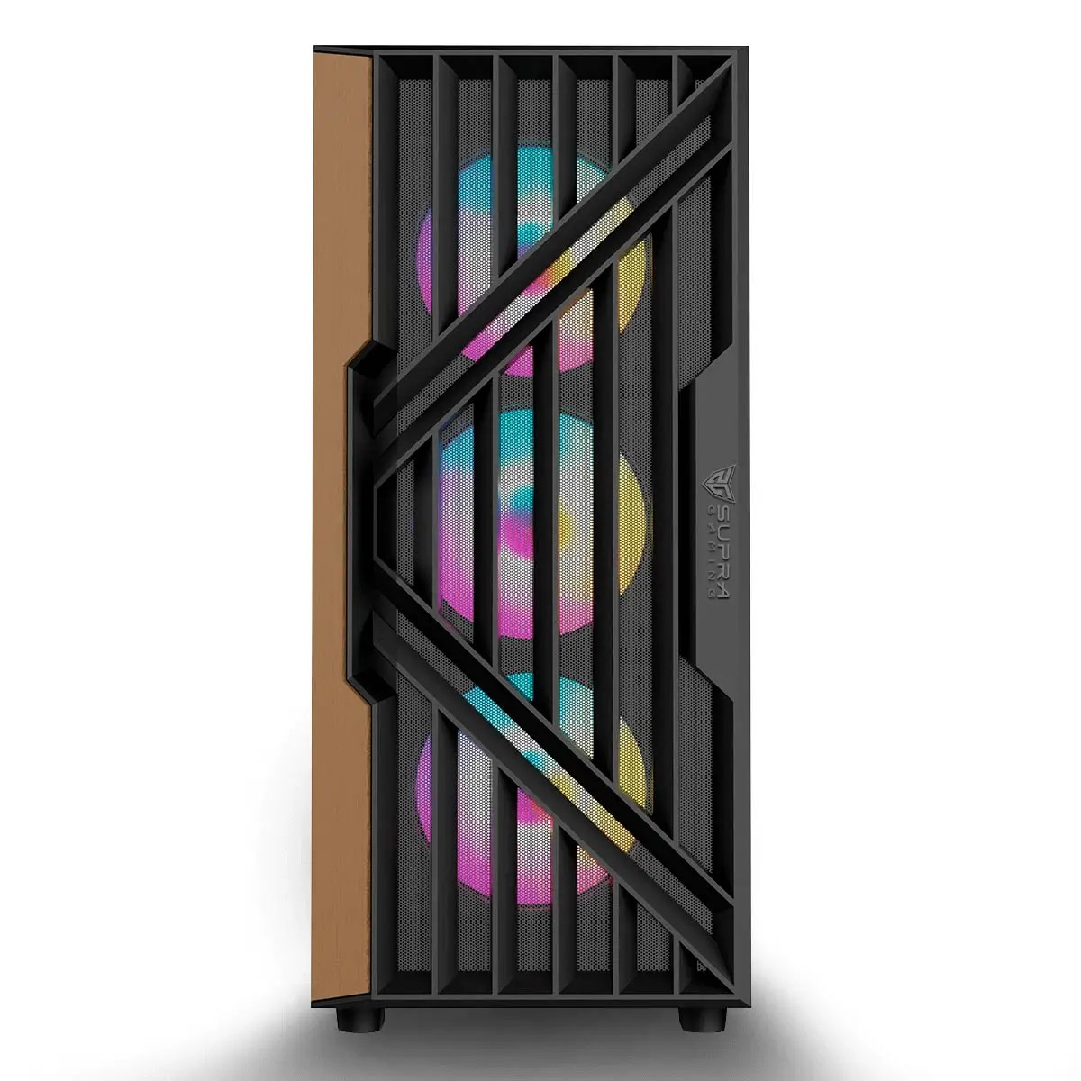 Vista frontal de una caja de ordenador. Tiene una rejilla negra, ventiladores RGB y un panel lateral de madera marrón. Visible el logo Supra Gaming.