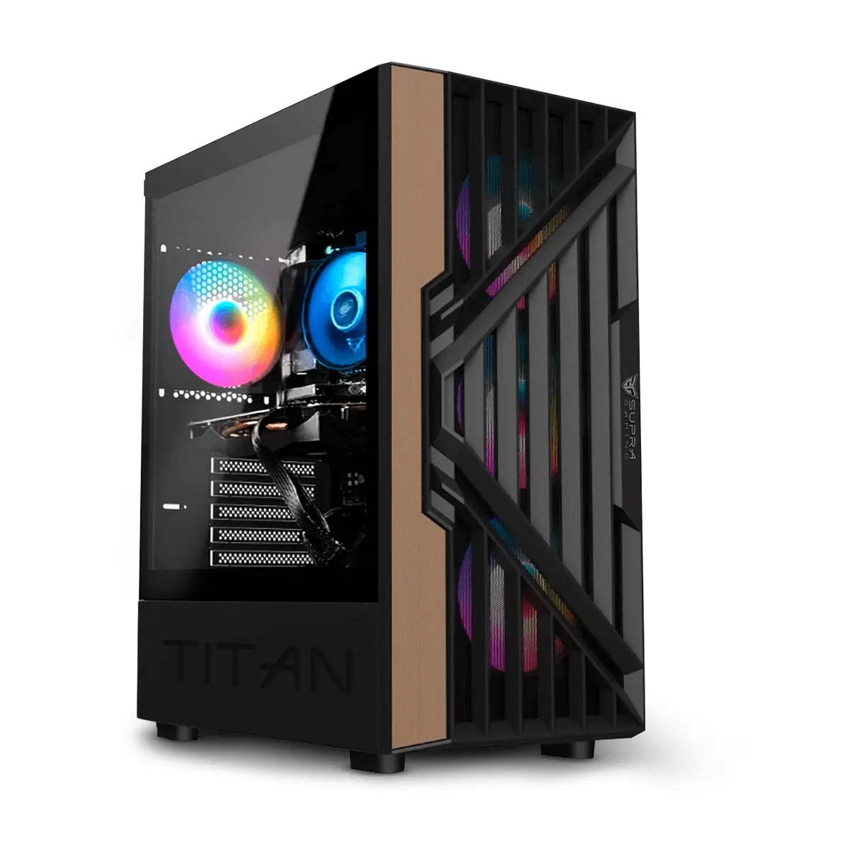 Una torre de ordenador con panel de cristal, que muestra componentes internos y ventiladores LED coloridos. La caja es negra y dorada con 'TITAN'.