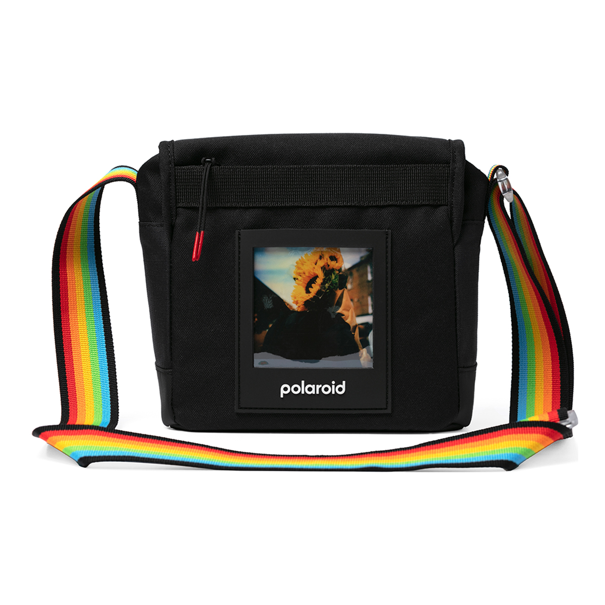 Borsa Polaroid nera con cinturino arcobaleno e foto Polaroid di girasoli.