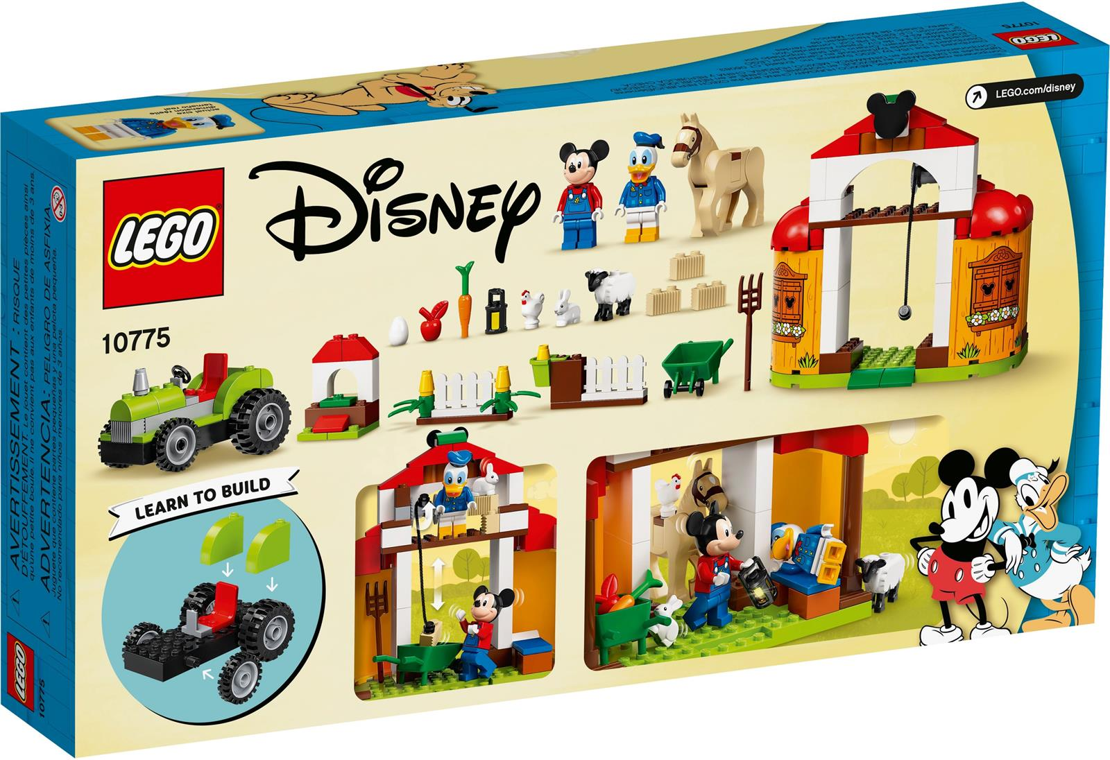 Eine LEGO Disney-Set-Box. Sie zeigt Micky, Donald und Bauernhoftiere. Enthält einen Traktor, eine Scheune und verschiedene Bausteine.