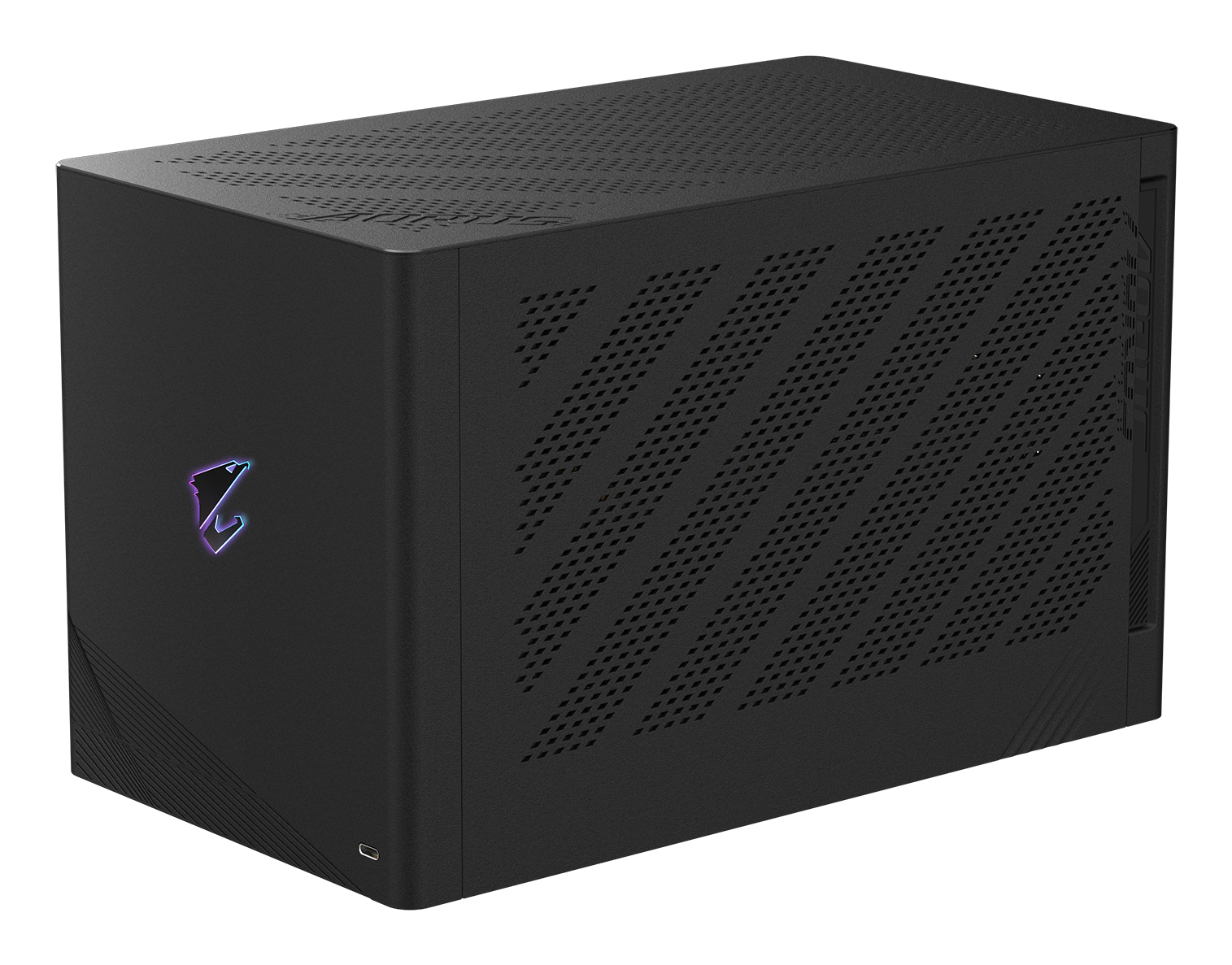 Case per computer nero. Ha un logo sul lato e un design perforato. L'alloggiamento è rettangolare con bordi arrotondati.