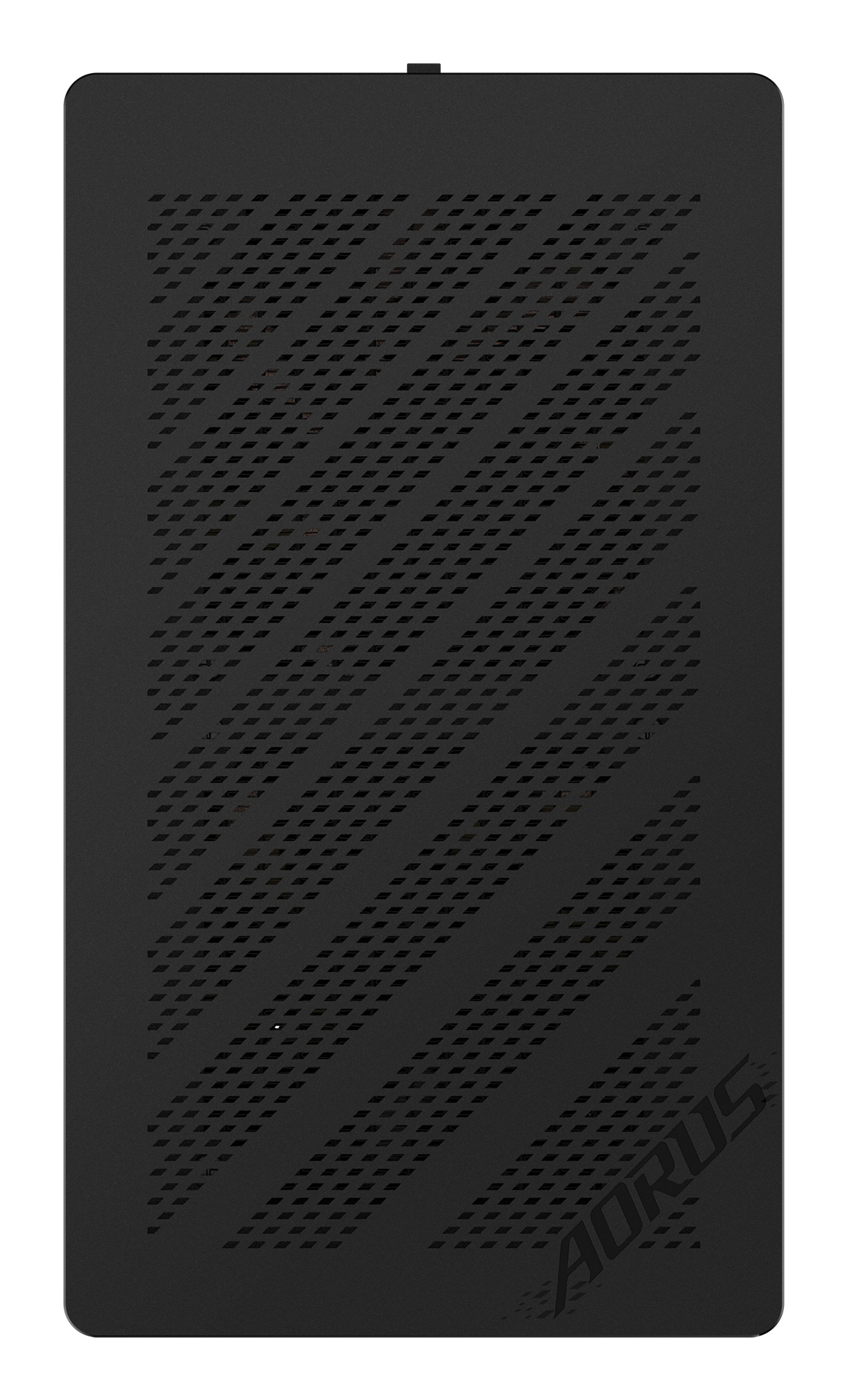 Un prodotto rettangolare nero con un design perforato e il logo AORUS nell'angolo in basso a destra.