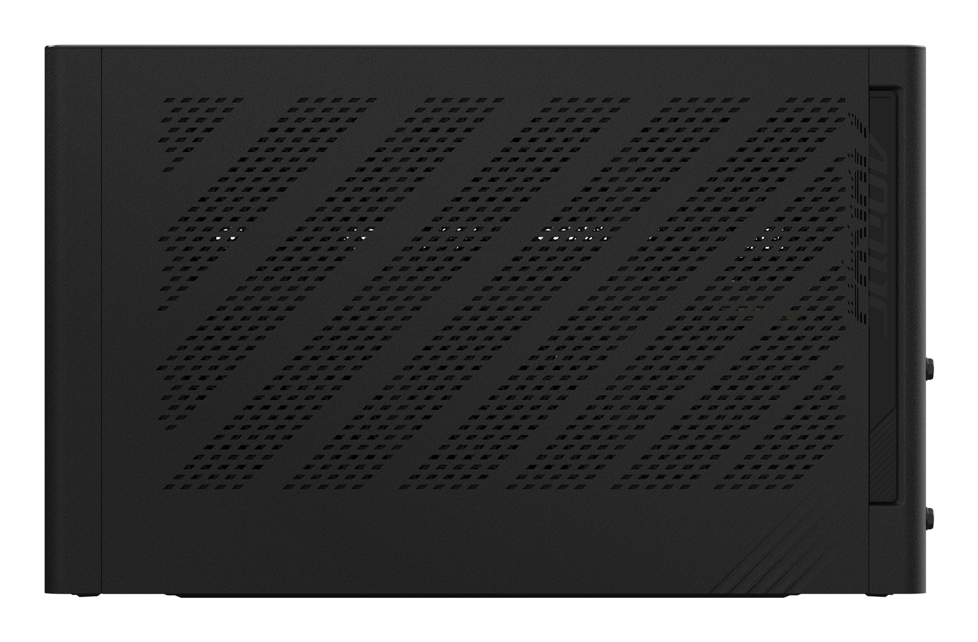 Case nero per computer con fori di ventilazione diagonali. La vista laterale mostra superficie strutturata e piccoli pulsanti.