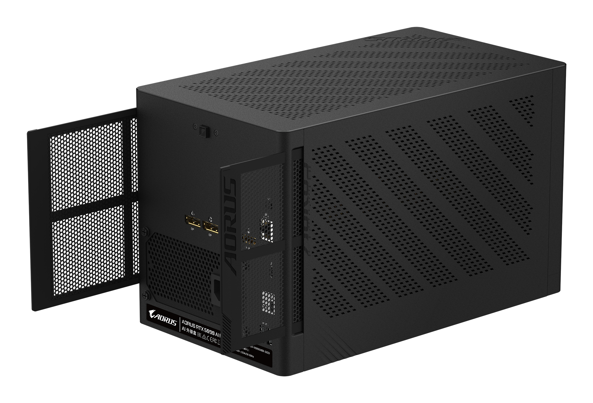 Un case per GPU esterno AORUS RTX 5898 AIF nero. Il pannello laterale è aperto, rivelando l'interno.
