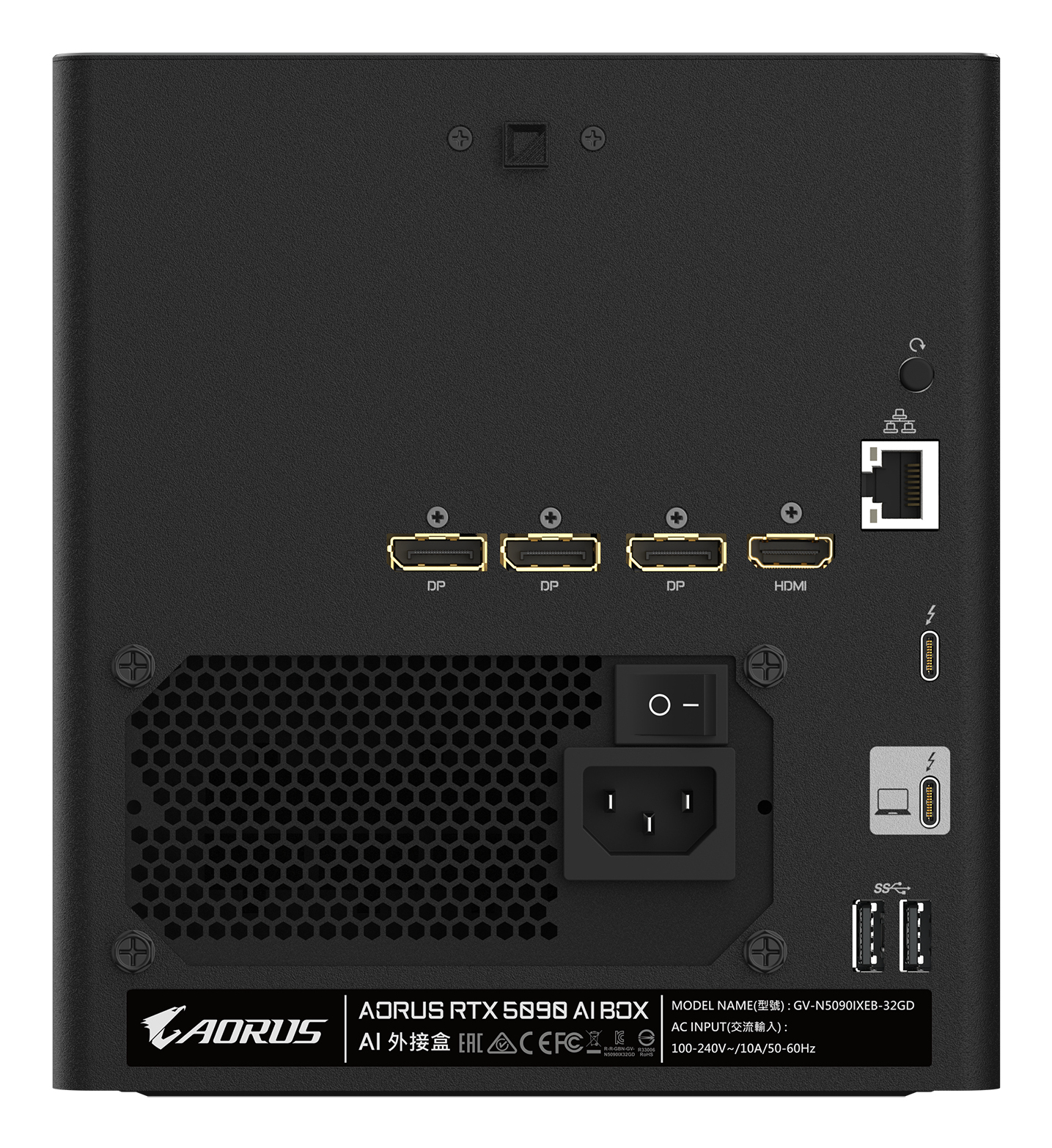 AORUS RTX 5890 AI Box nera con più porte, tra cui DP, HDMI e ingresso di alimentazione.