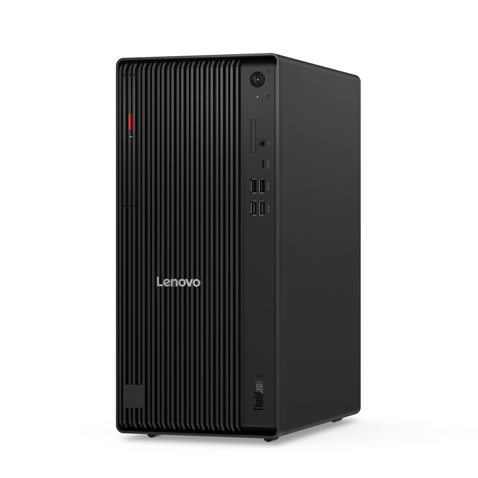 Computer desktop Lenovo nero. Parte anteriore con linee verticali, logo Lenovo e porte. Accento rosso a sinistra.