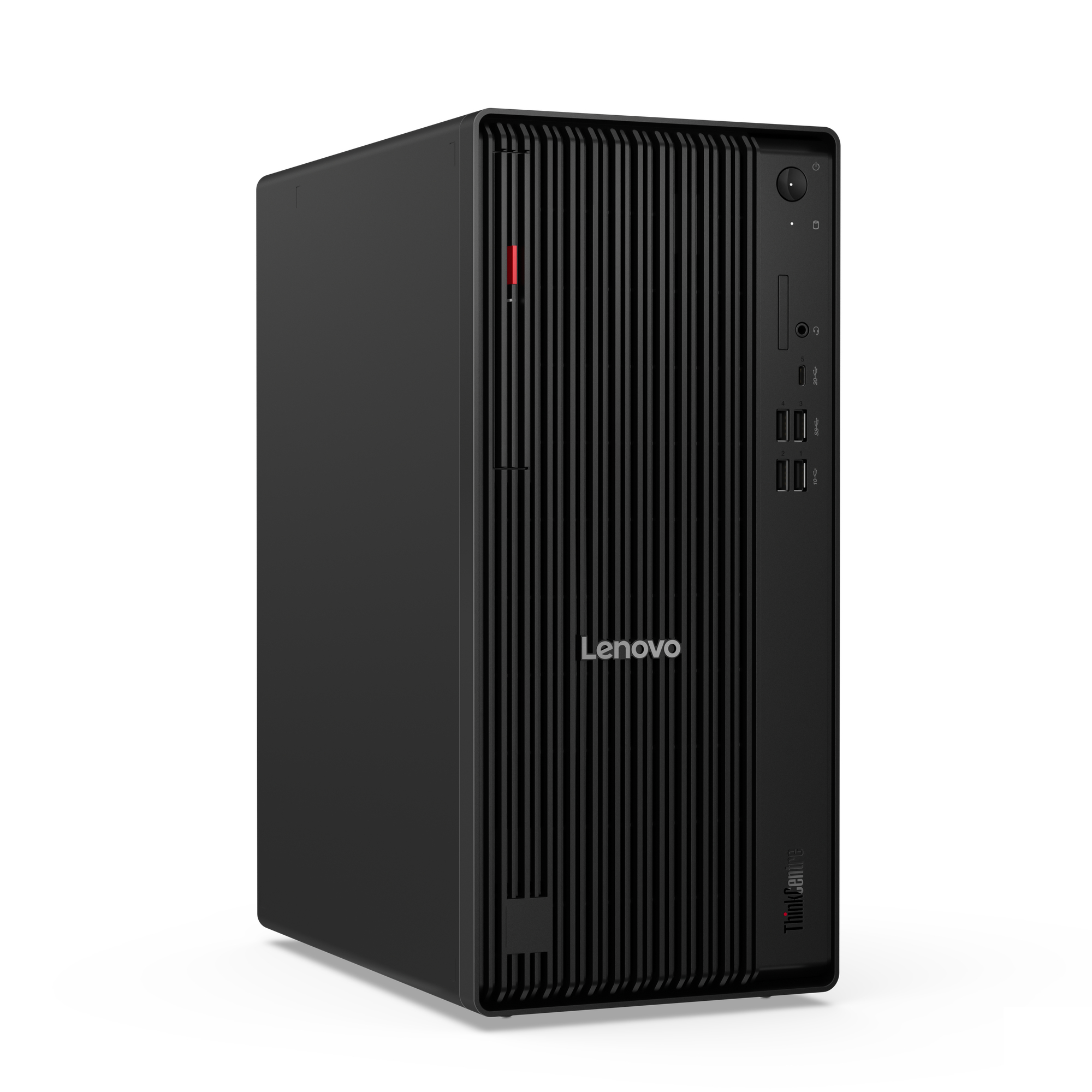 Computer desktop Lenovo nero. Ha linee verticali sul pannello frontale e un indicatore di alimentazione rosso.