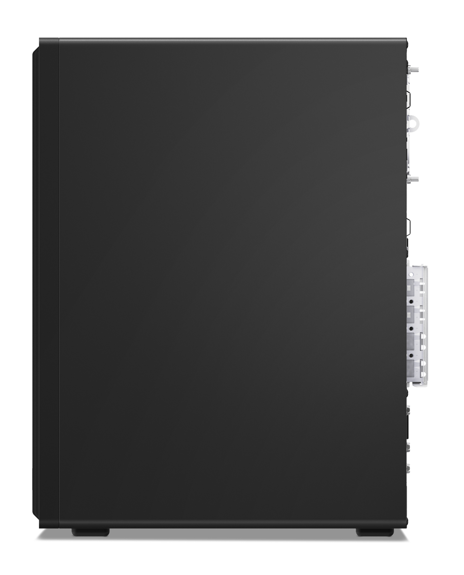 Vista laterale di un case nero per computer su sfondo bianco. Dettagli includono prese d'aria e porte.