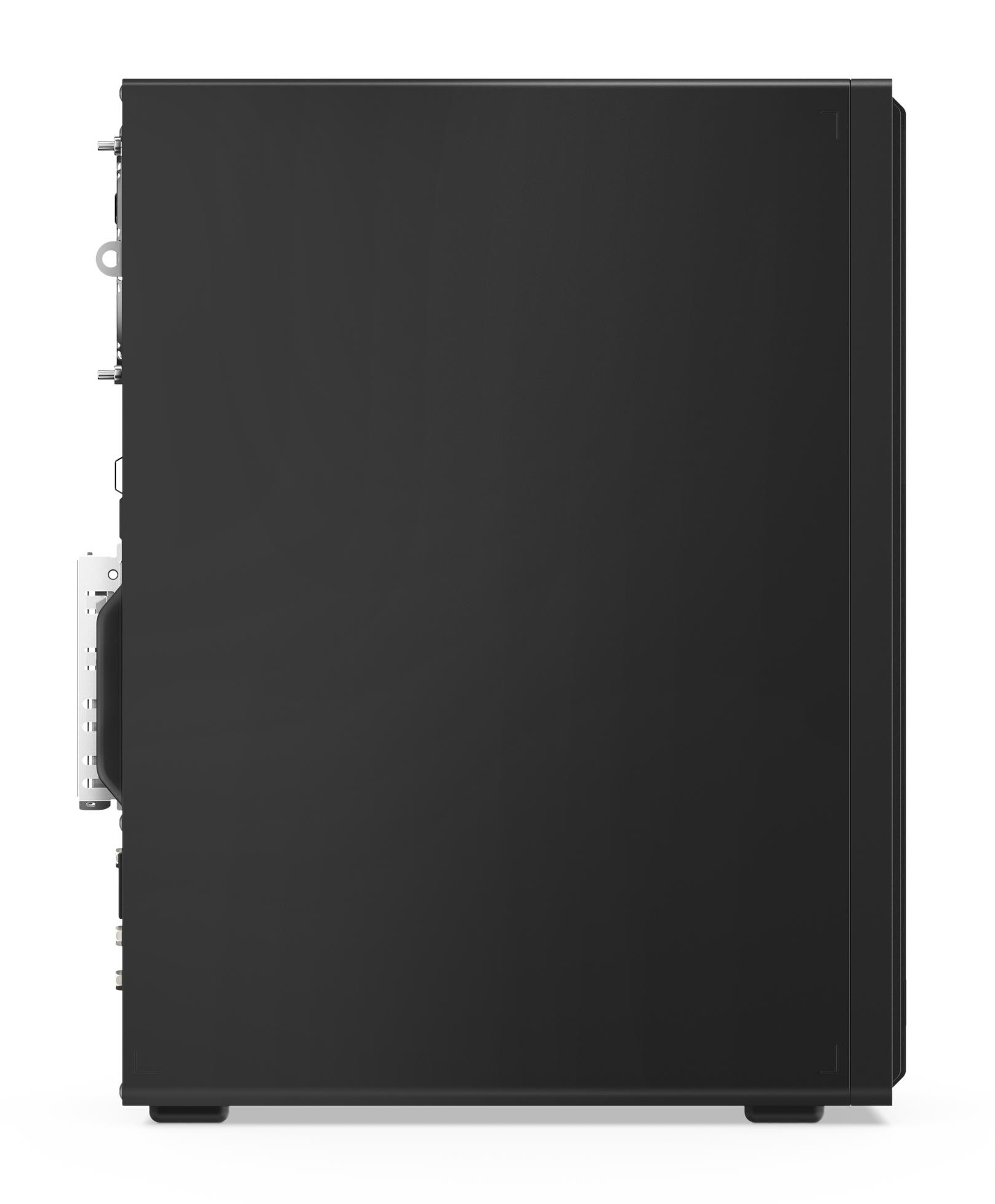 Vista laterale di un case per computer desktop nero. Presenta porte, pulsanti e un pulsante di accensione.