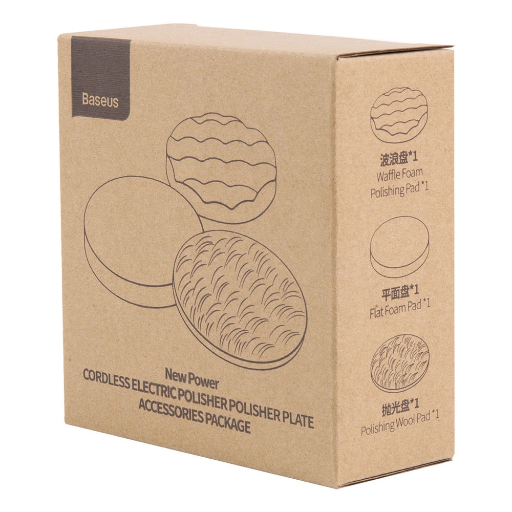 Kartonowe pudełko z ilustracjami i tekstem produktu. Jest oznaczone jako 'Baseus' i zawiera obrazy podkładek polerskich oraz szczegóły produktu.