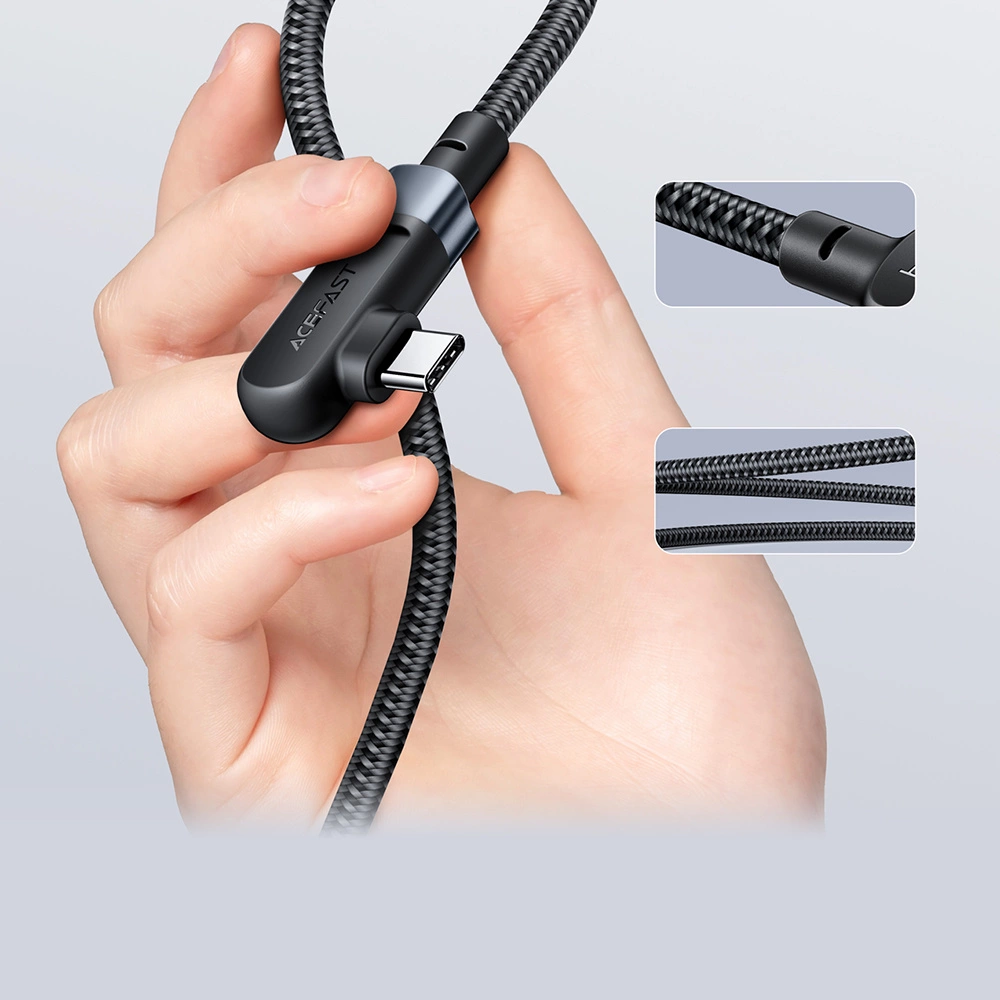 Hand hält ein schwarzes USB-C-Kabel. Das Kabel hat ein geflochtenes Design. Ausschnitte zeigen Kabeldetails. ACFAST ist auf dem Stecker aufgedruckt.