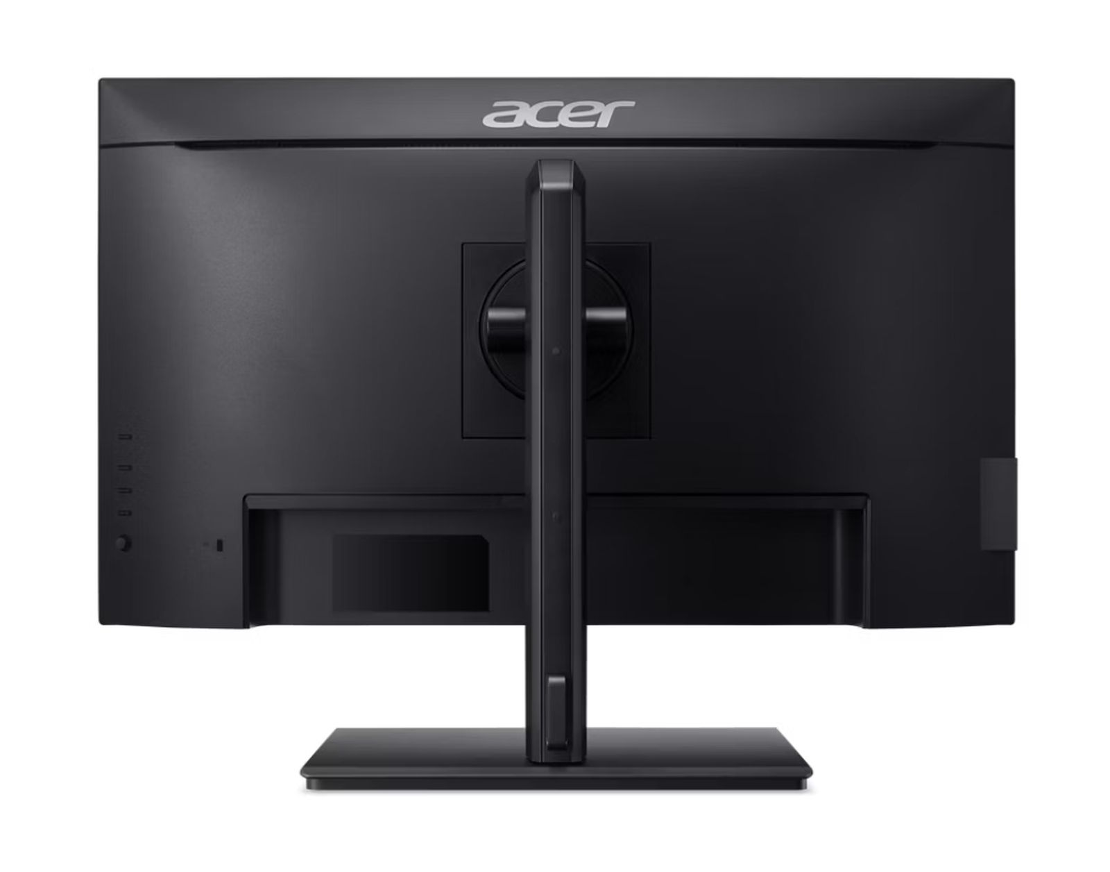 Czarny monitor Acer z tyłu. Logo Acer u góry. Stojak pośrodku. Porty po lewej. Prostokątna podstawa.