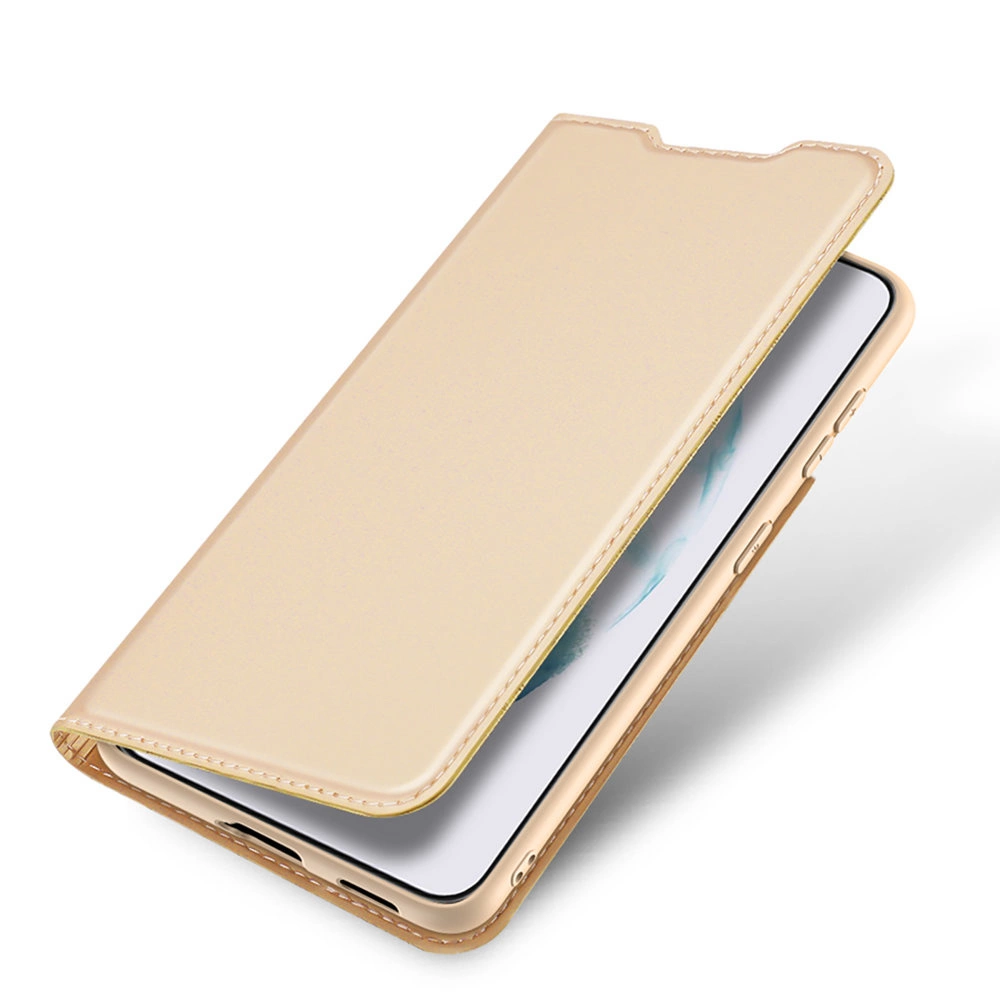 Una custodia beige per telefono è aperta, rivelando lo schermo di un telefono. La custodia è simile alla pelle con cuciture sui bordi.