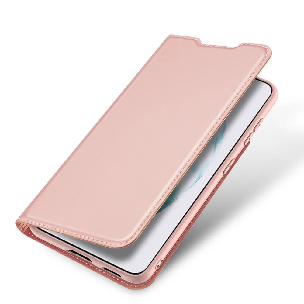 Una custodia per telefono color oro rosa è aperta, rivelando lo schermo del telefono. La custodia ha un bordo cucito. Lo sfondo è bianco.