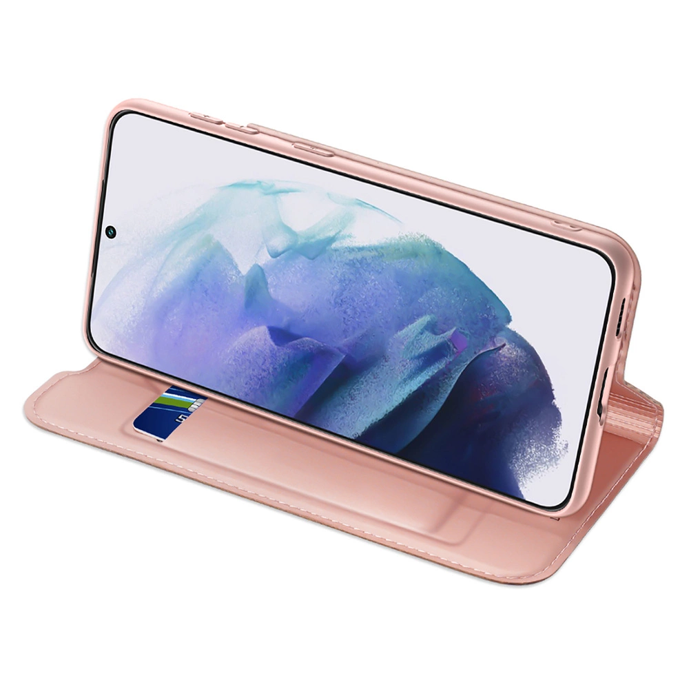 Una custodia per telefono oro rosa con uno smartphone all'interno. La custodia è aperta, mostrando lo schermo e uno slot per schede.
