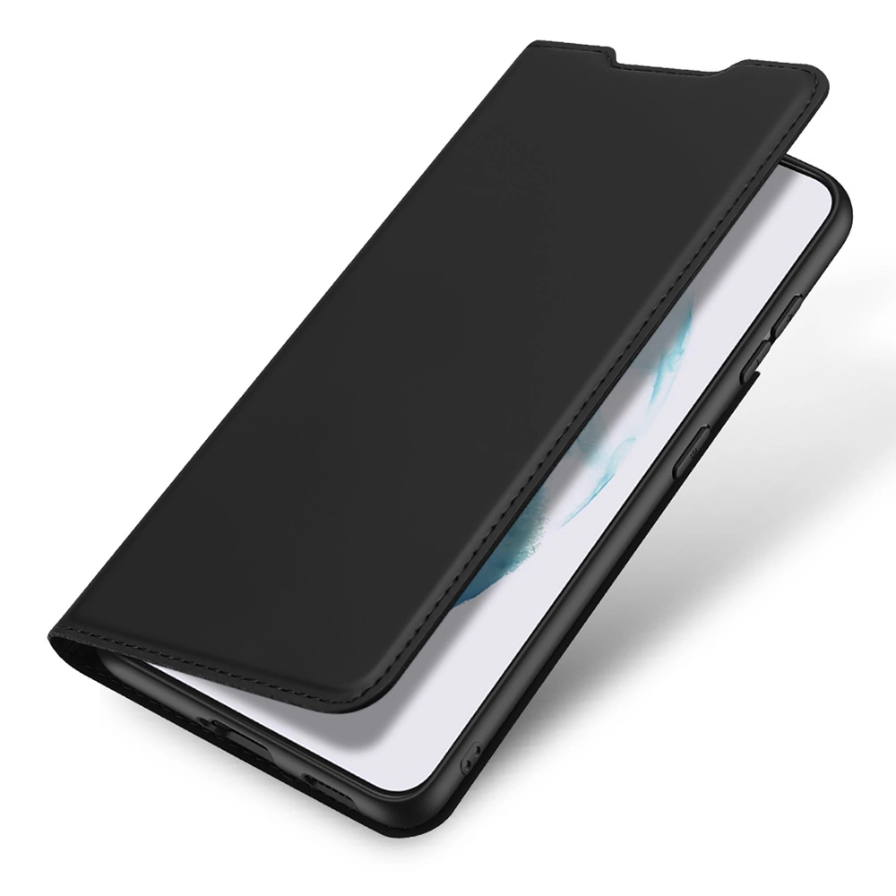 Custodia per telefono nera, aperta, che mostra il telefono. La custodia ha una cover a ribalta. Schermo del telefono visibile. Sfondo bianco.