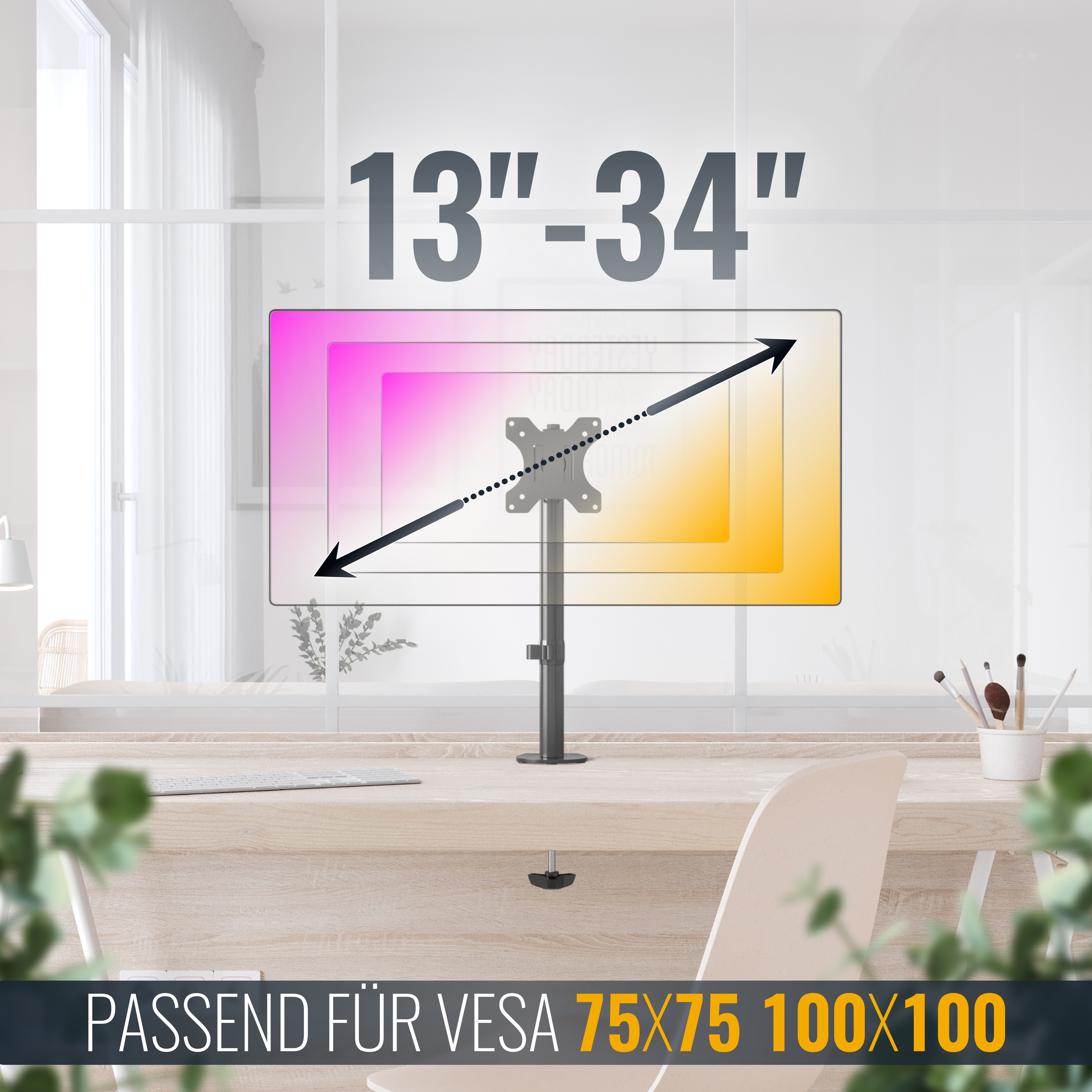 Ein Monitorständer mit einem Bildschirm, der Rosa und Gelb zeigt. Der Text auf dem Bildschirm lautet 13"-34".