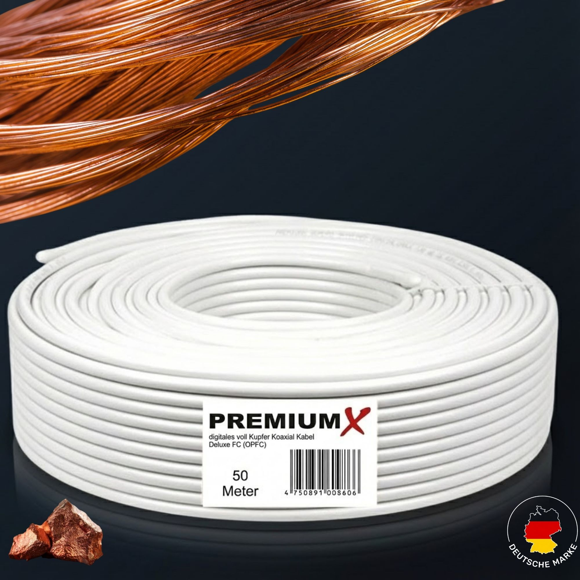 Eine weiße Koaxialkabelrolle mit Etikett, Kupferdrähten und Kupferfelsen auf dunklem Hintergrund.