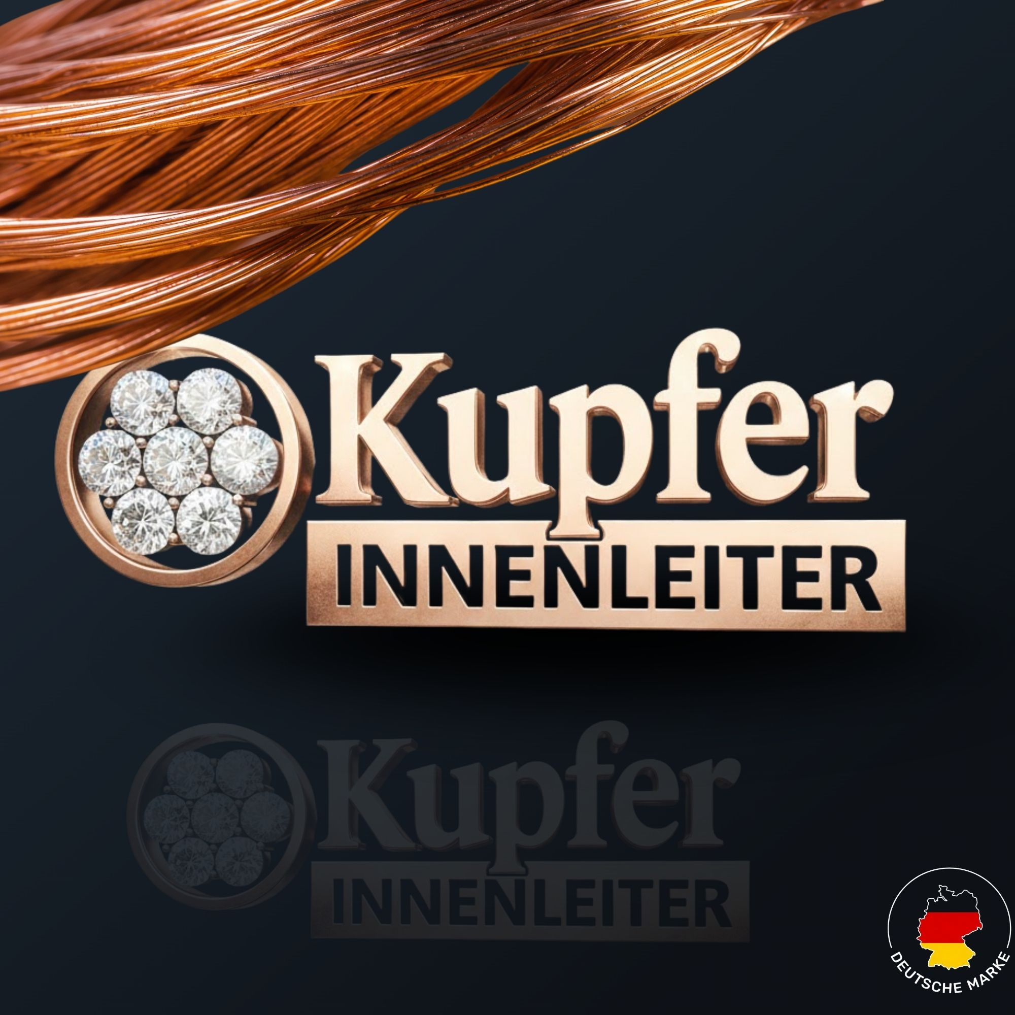 Kupferdraht und Logo auf dunklem Hintergrund. Das Logo lautet 'Kupfer INNENLEITER' und zeigt ein Diamantdesign.