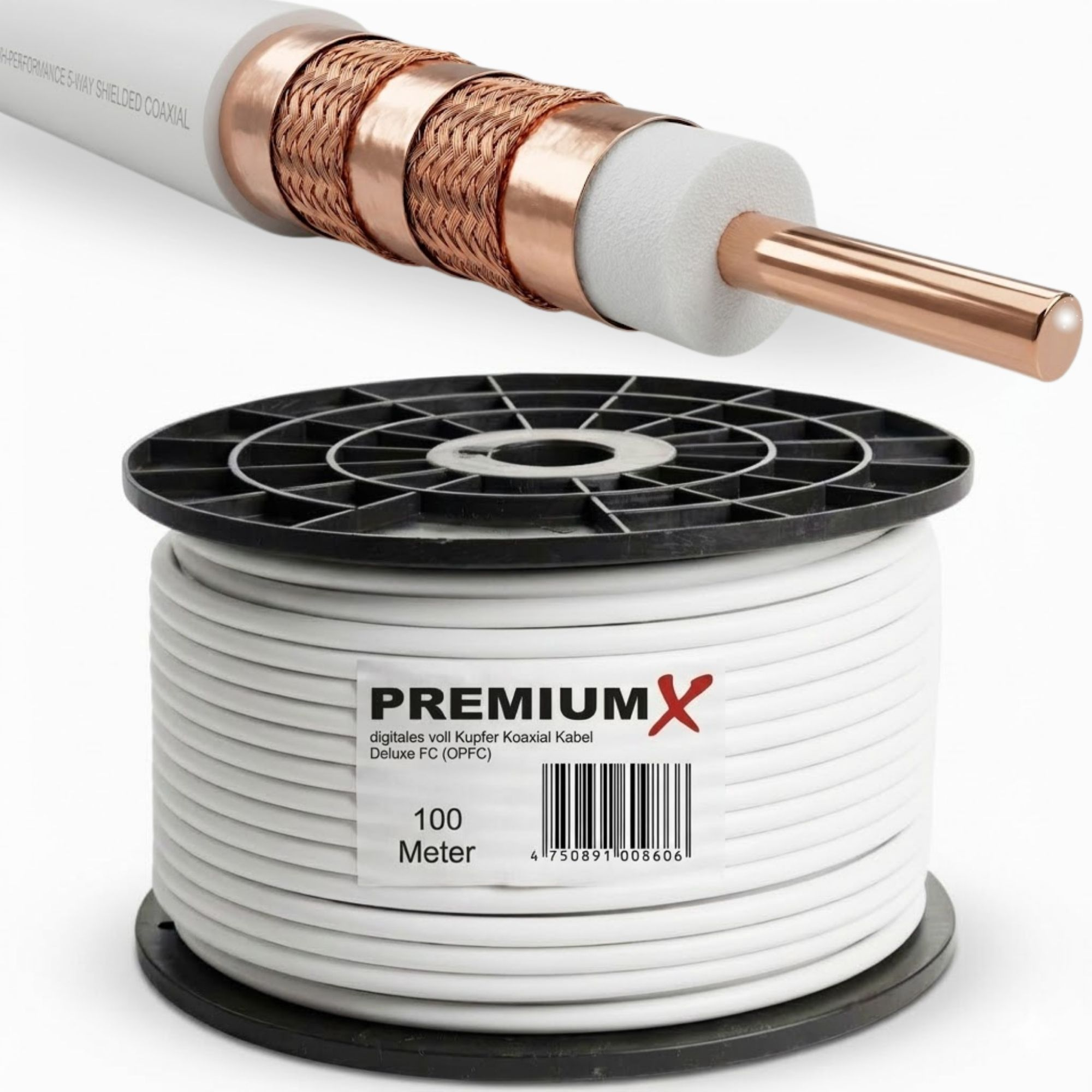 Koaxialkabelrolle, weißes Kabel und schwarze Kunststoffrolle. Kabel zeigt Kupferschirmung. Auf dem Etikett steht 'PREMIUMX'.