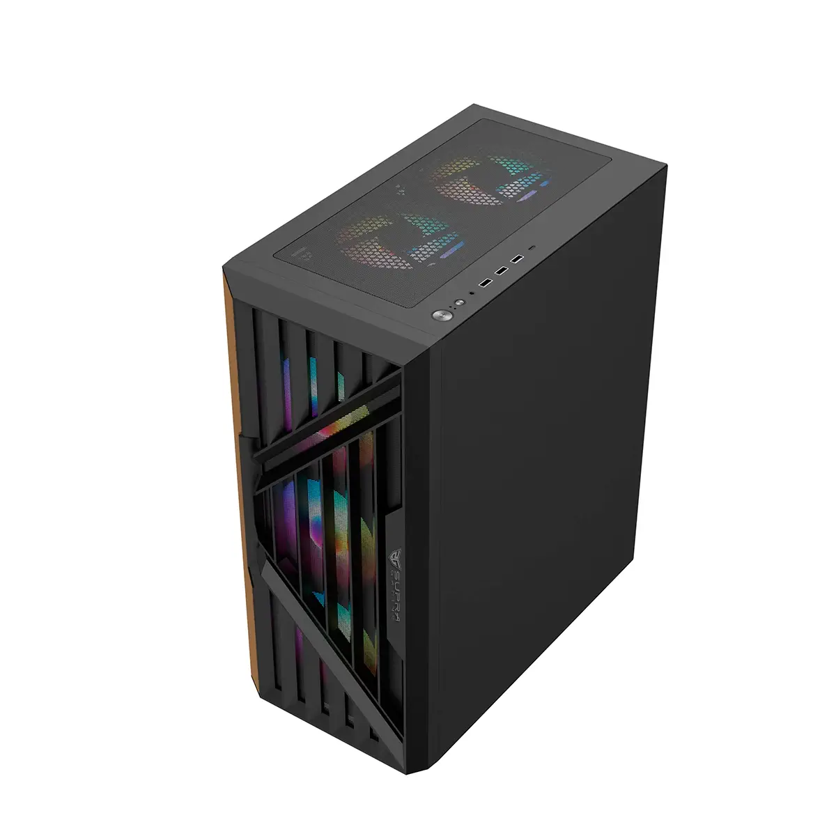 Una carcasa de ordenador sobre fondo blanco. Es negra con un panel lateral marrón. Tiene una parte superior de cristal y luces multicolores en el frente.