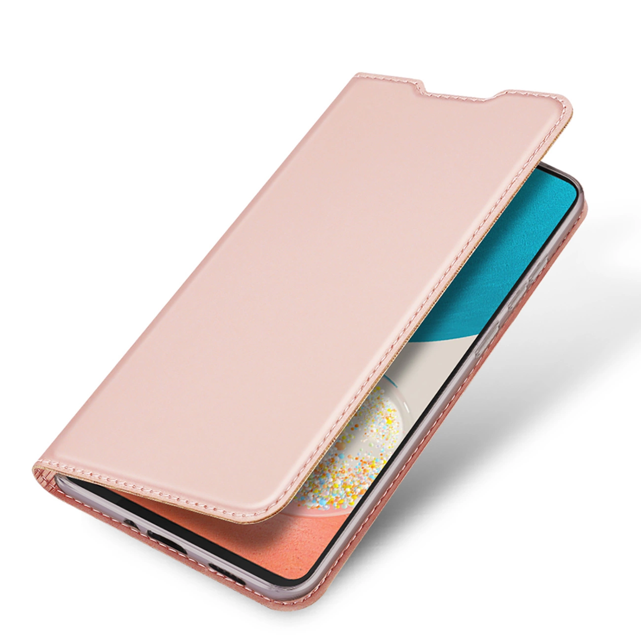 Una custodia rosa per telefono è aperta, rivelando lo schermo. La custodia è in similpelle con cuciture sui bordi.