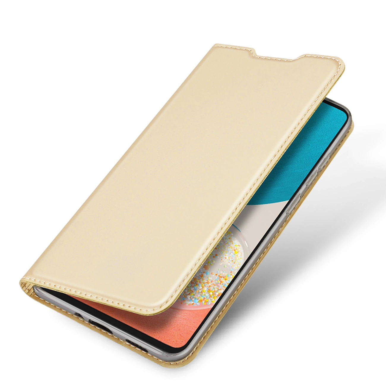 Una custodia beige per telefono è aperta, rivelando lo schermo del telefono. La custodia è in similpelle con cuciture.