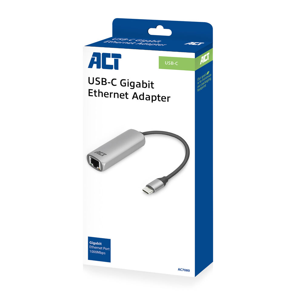 Eine Schachtel mit einem USB-C-Gigabit-Ethernet-Adapter. Der Adapter ist silberfarben mit einem schwarzen Kabel. Die Schachtel ist weiß und blau.
