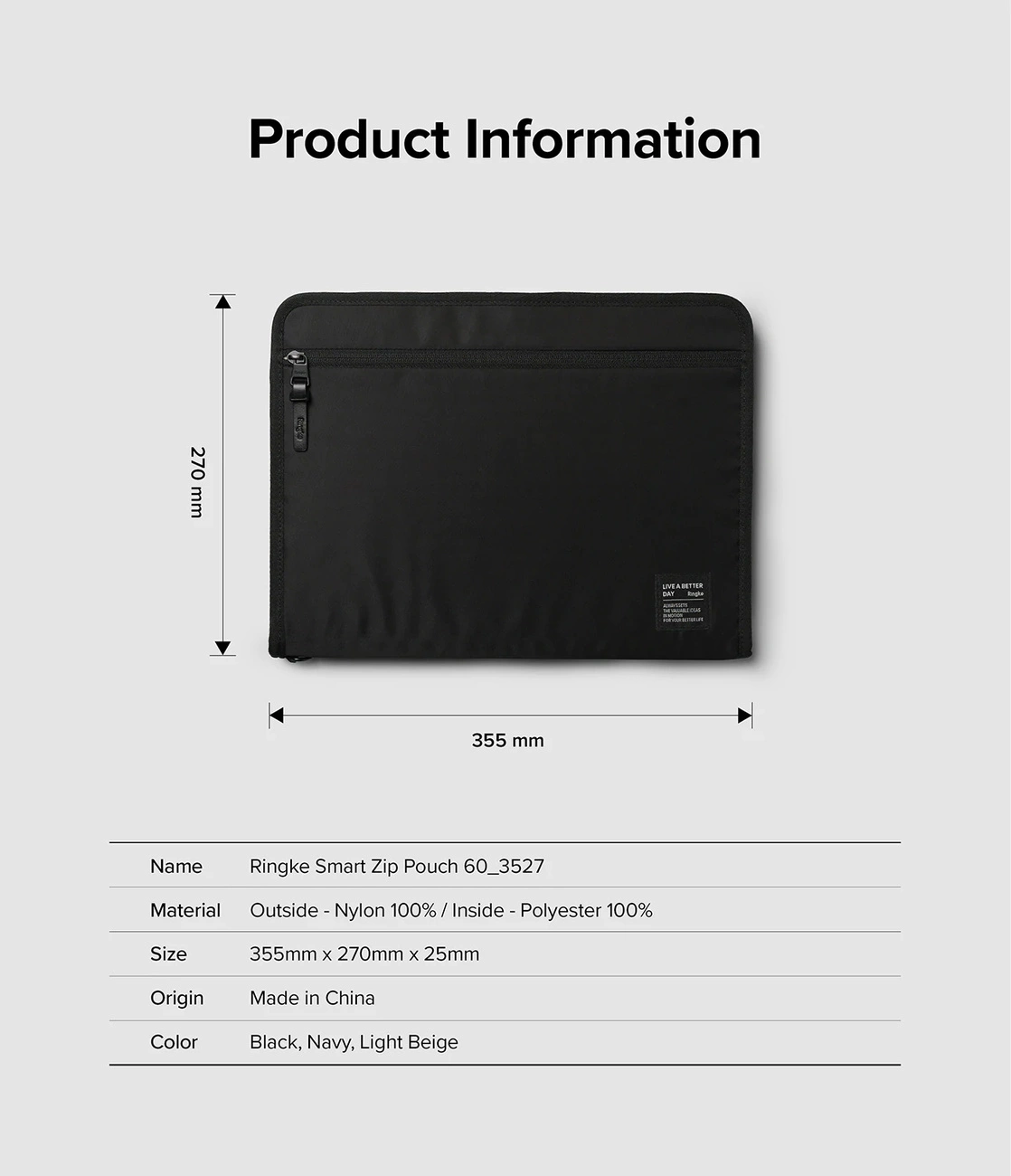 Czarna Ringke Smart Zip Pouch, wymiary 355x270x25mm, wykonana z nylonu i poliestru. Tekst: Informacje o produkcie i szczegóły produktu.