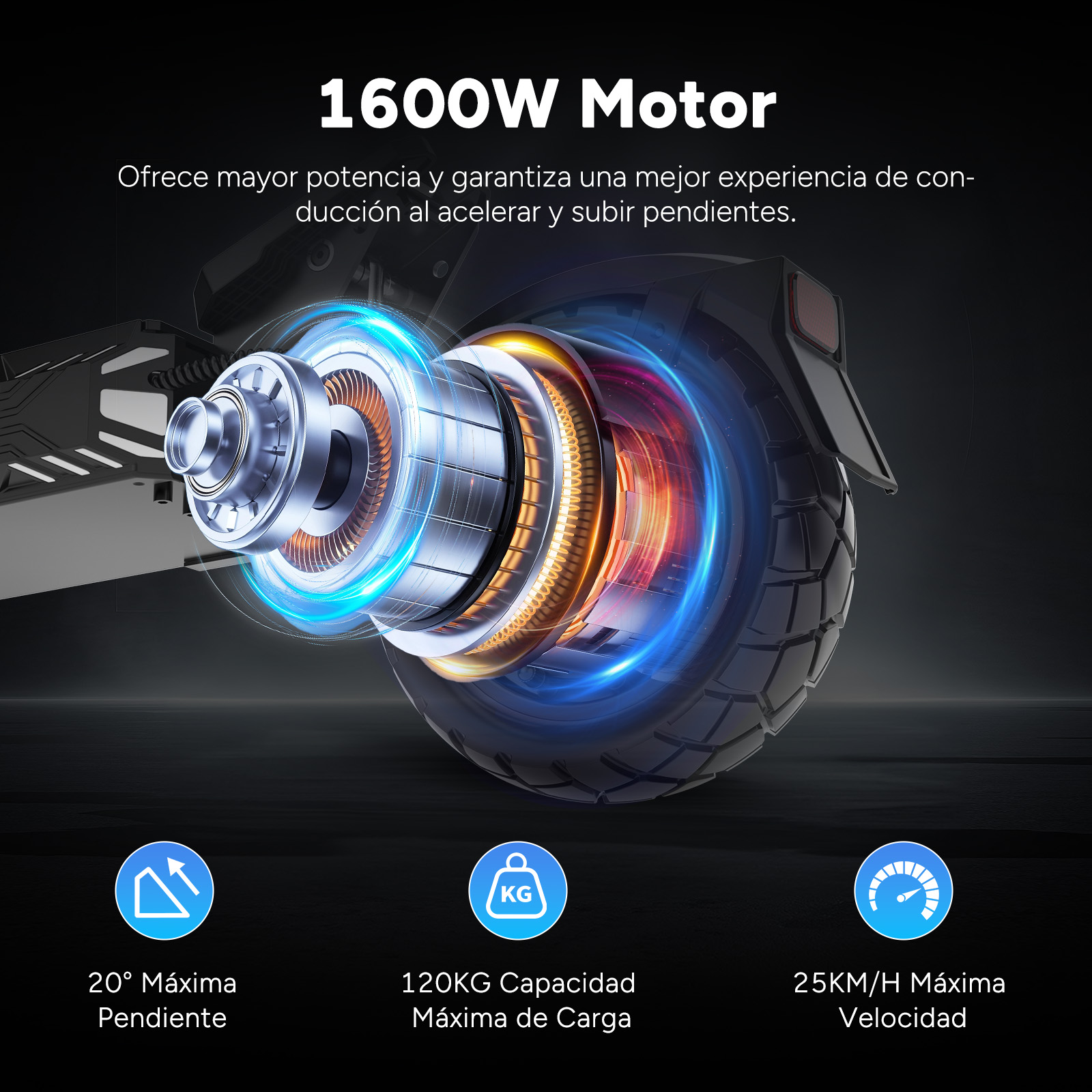 Detalle del motor del patinete eléctrico. Efecto de luz azul y naranja. Incluye detalles de velocidad, inclinación y capacidad de peso.