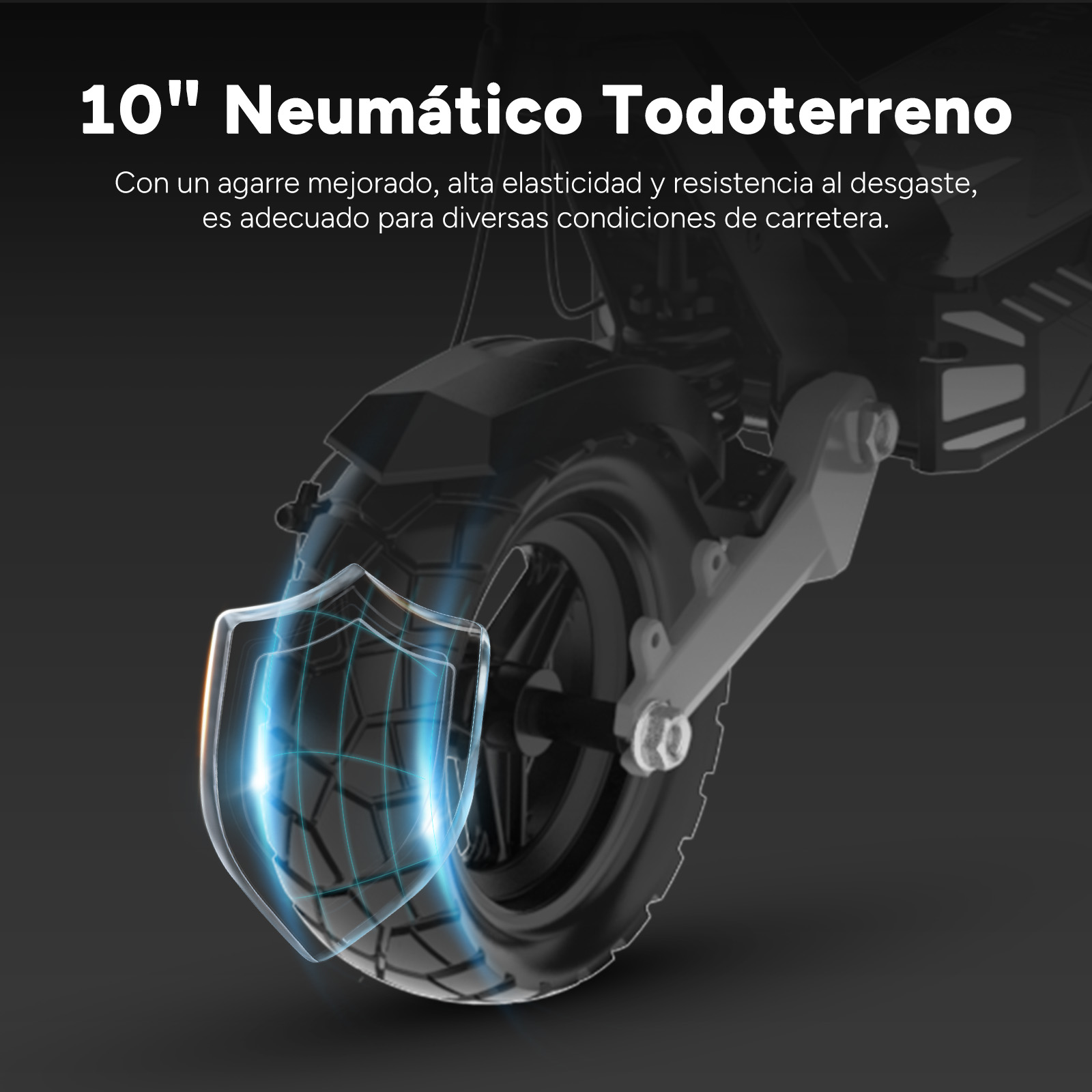 Primer plano de un neumático negro de scooter. Un gráfico de escudo superpone el neumático, resaltando sus características.