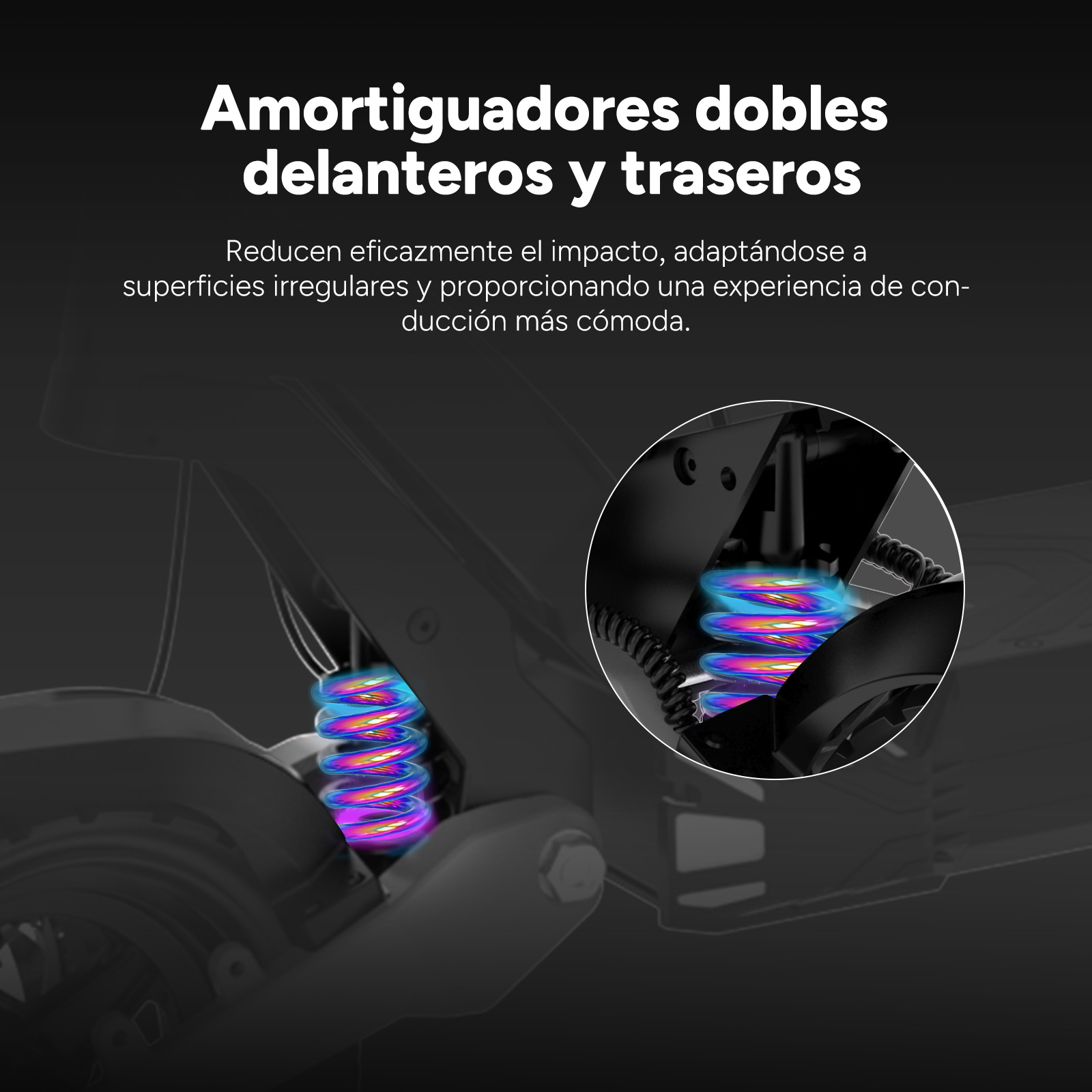 Imagen muestra amortiguadores dobles delanteros y traseros de un scooter con un resorte colorido. El texto indica reducción.