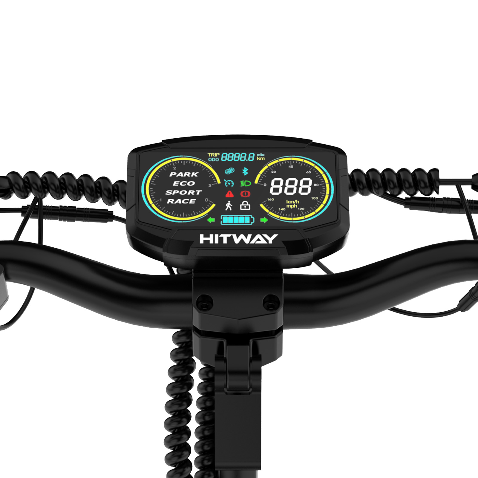 Nahaufnahme eines E-Scooter-Displays. Zeigt Geschwindigkeit, Batterie und andere Anzeigen auf schwarzem Grund.
