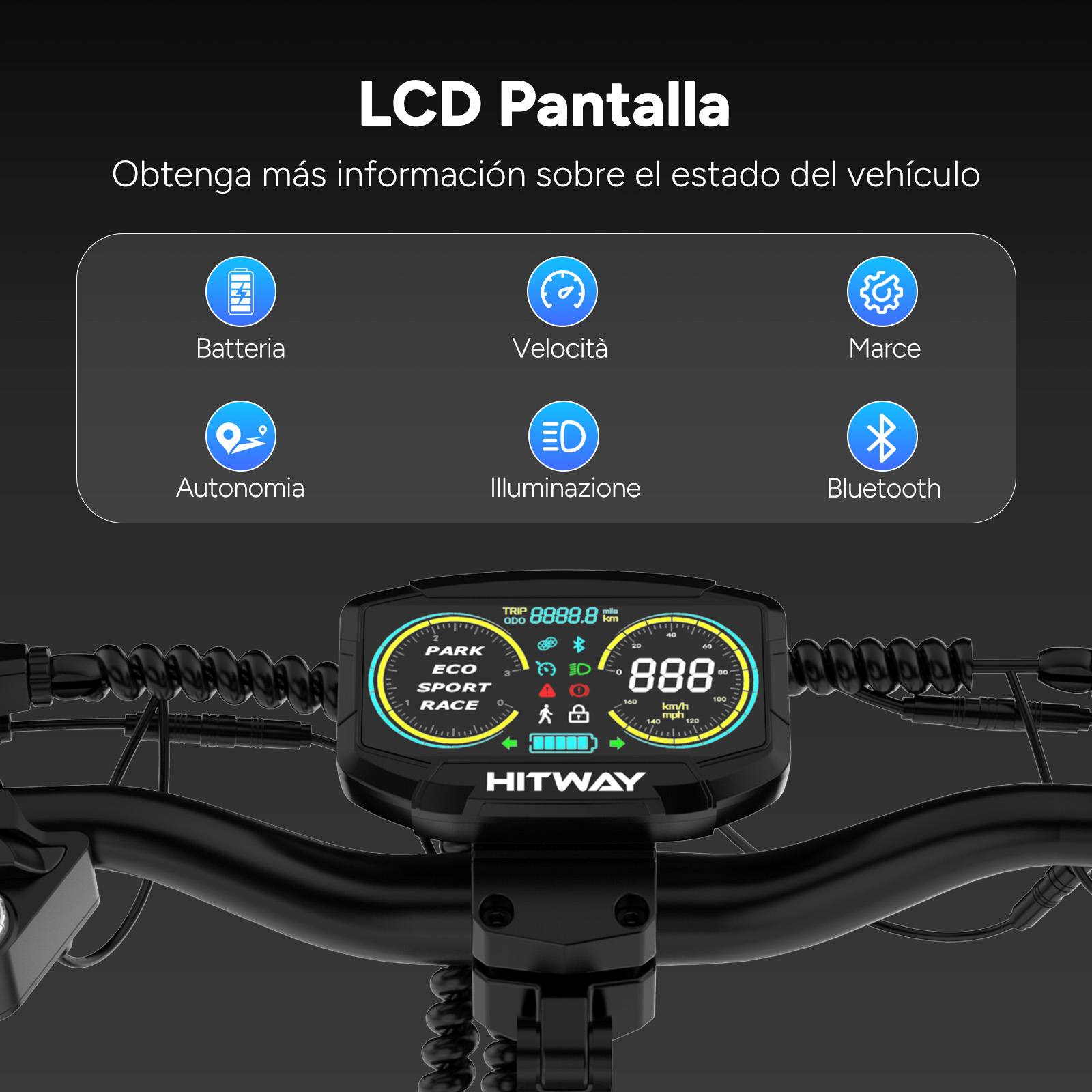 Un panel de control de scooter eléctrico muestra la velocidad, la batería y otra información. La pantalla LCD es negra con detalles en azul y amarillo.